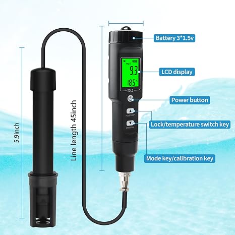 Dissolved Oxygen Meter with ATC,Portable Dissolved Oxygen Test Kit Range 0.0-40mg/L,DO Meter with Electrode Filling Fluid,Water Test Kit for Swimming Pools,Aquarium,Fish Pond.