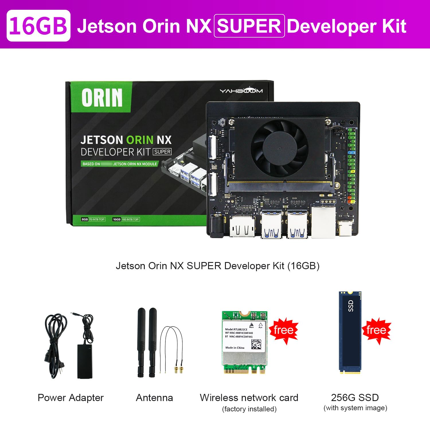 Yahboom Jetson Orin NX Super 16 Go de RAM 157 Tops Kit de développement Ubuntu Jetpack6.2 avec SSD de 256 Go, Bloc d'alimentation, pour Grand modèle AI (kit de développement Orin NX 16 Go)