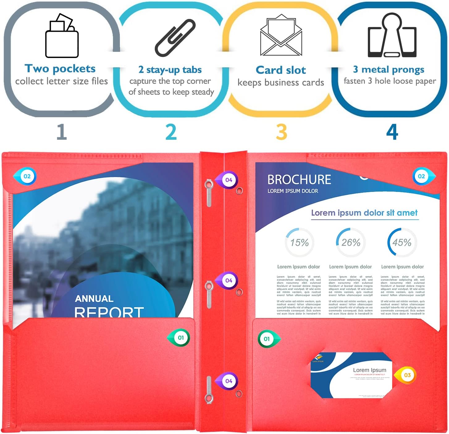 WOT I Heavy Duty Folders with Clear Front Pockets 6PCS, Extra Thick Plastic Folders with 3 Pocekts and 3 Prongs for Letter Size Paper/Card Slot/Assorted Colors/School/Work/Home Use