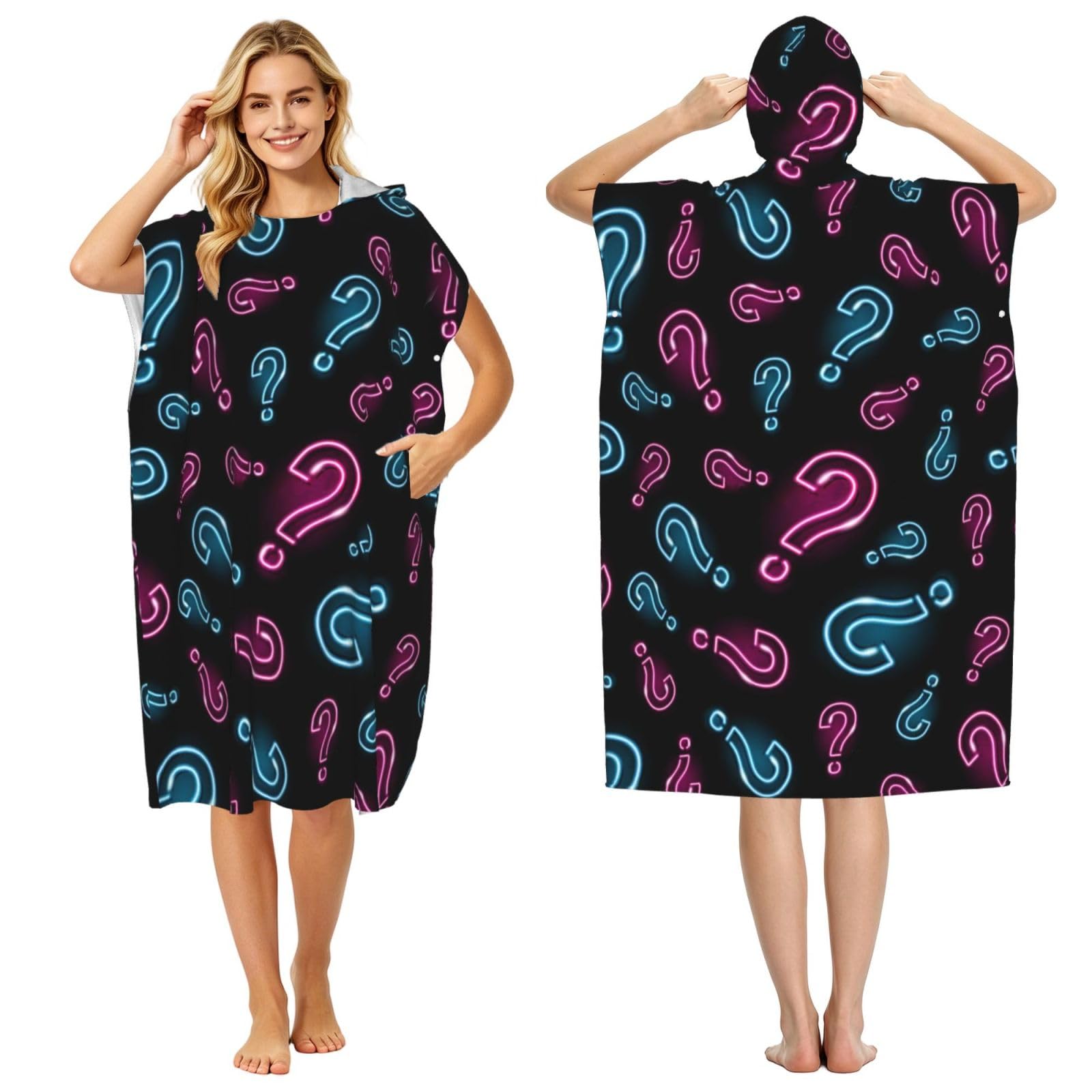 Poadnly Neon Question Mark Seamless, Adult Hooded Beach Towel 90 x 110 cm,Changing Bath Robe, Surf Poncho Towel For Women Men