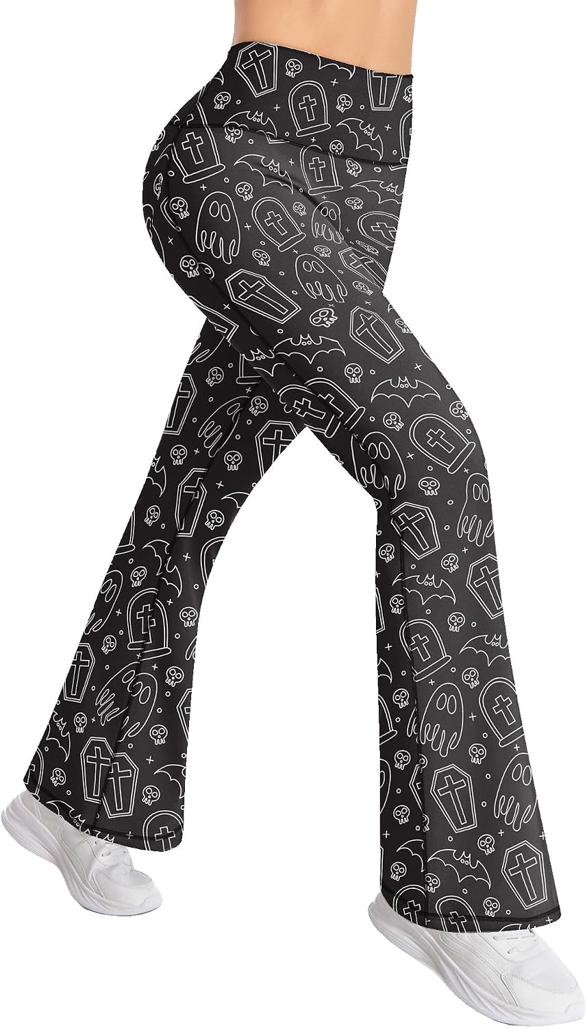 Women's Halloween Flare Leggings Skull Coffin Ghost Bell Bottom Yoga Pants