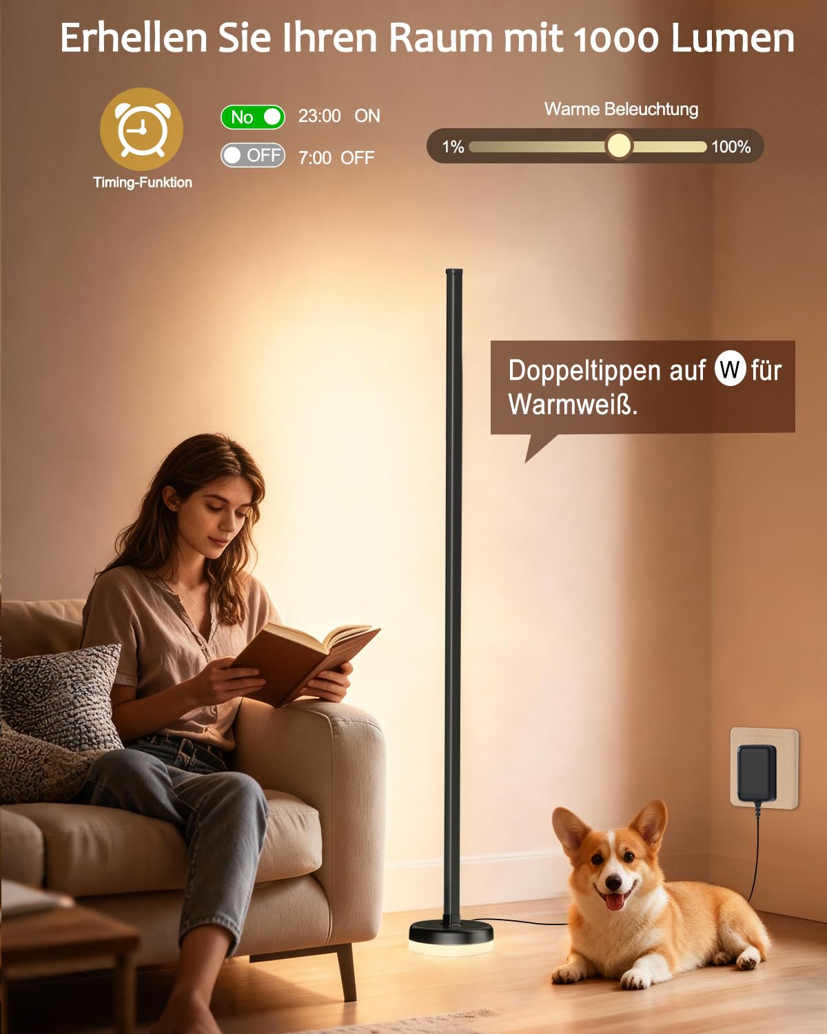 LED Stehlampe Wohnzimmer Dimmbar RGBIC - 140cm Smart Modern Stehlampe mit Fernbedienung und APP, 16 Millionen Farben, Musikmodi, DIY-Modus, Floor Lamp für Schlafzimmer, Gaming-Zimmer, Schwarz