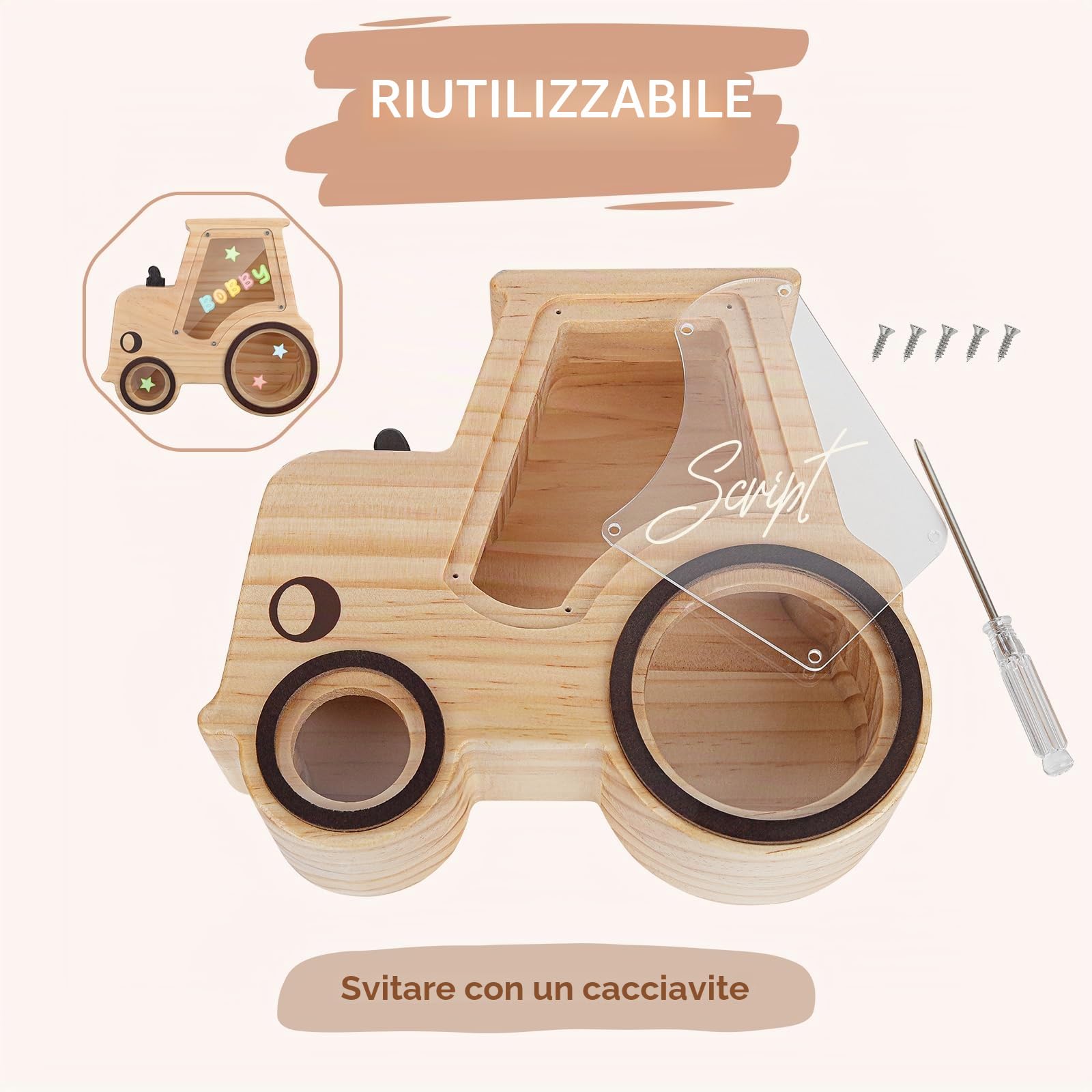 Salvadanaio Bambini in Legno Riutilizzabile, Risparmio Soldi, Salvadanaio Personalizzato con Pennarello & Adesivi Colorati per bambina Ragazza Ragazzo e Adulti - Trattori