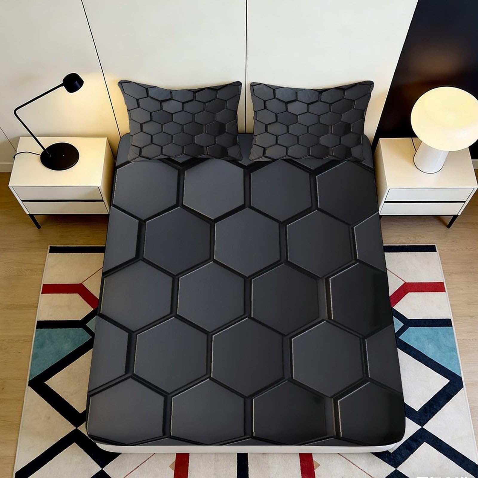 3D Printed Hexagon Pattern Fitted Sheet Microfiber Black Geometric Mattress Cover Bedroom Dorm Decor Easy Care 120x200x25cm
