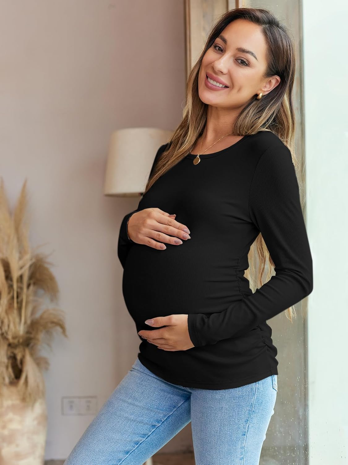 Women's Maternity Fall Tops Long Sleeve Crew Neck Ribbed Knit Slim Fitted Blouse Side Ruched Pregnancy Shirts - Image 4