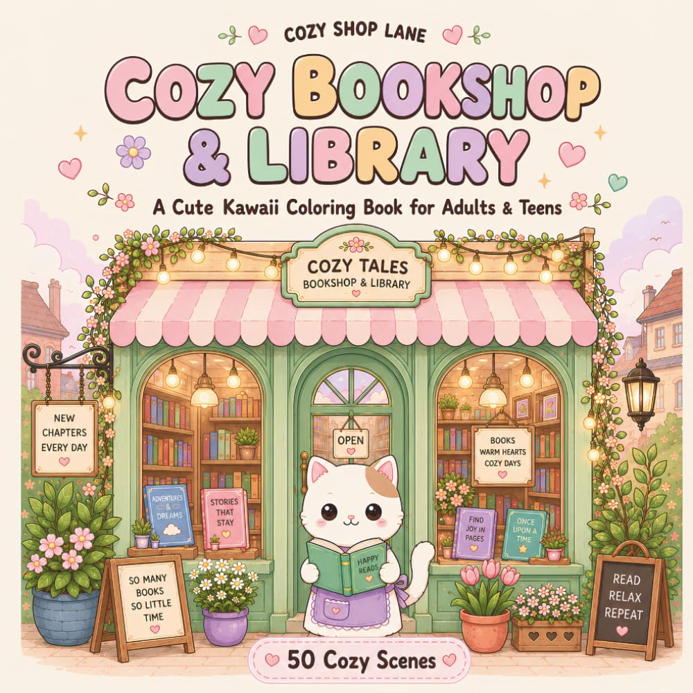 Cozy Bookshop & Library: A Cute Kawaii Bookshop and Library Coloring Book for Adults and Teens with 50 Bold and Easy Cozy Scenes of Book Shops, ... Relaxation and Stress Relief (Cozy Shop Lane)