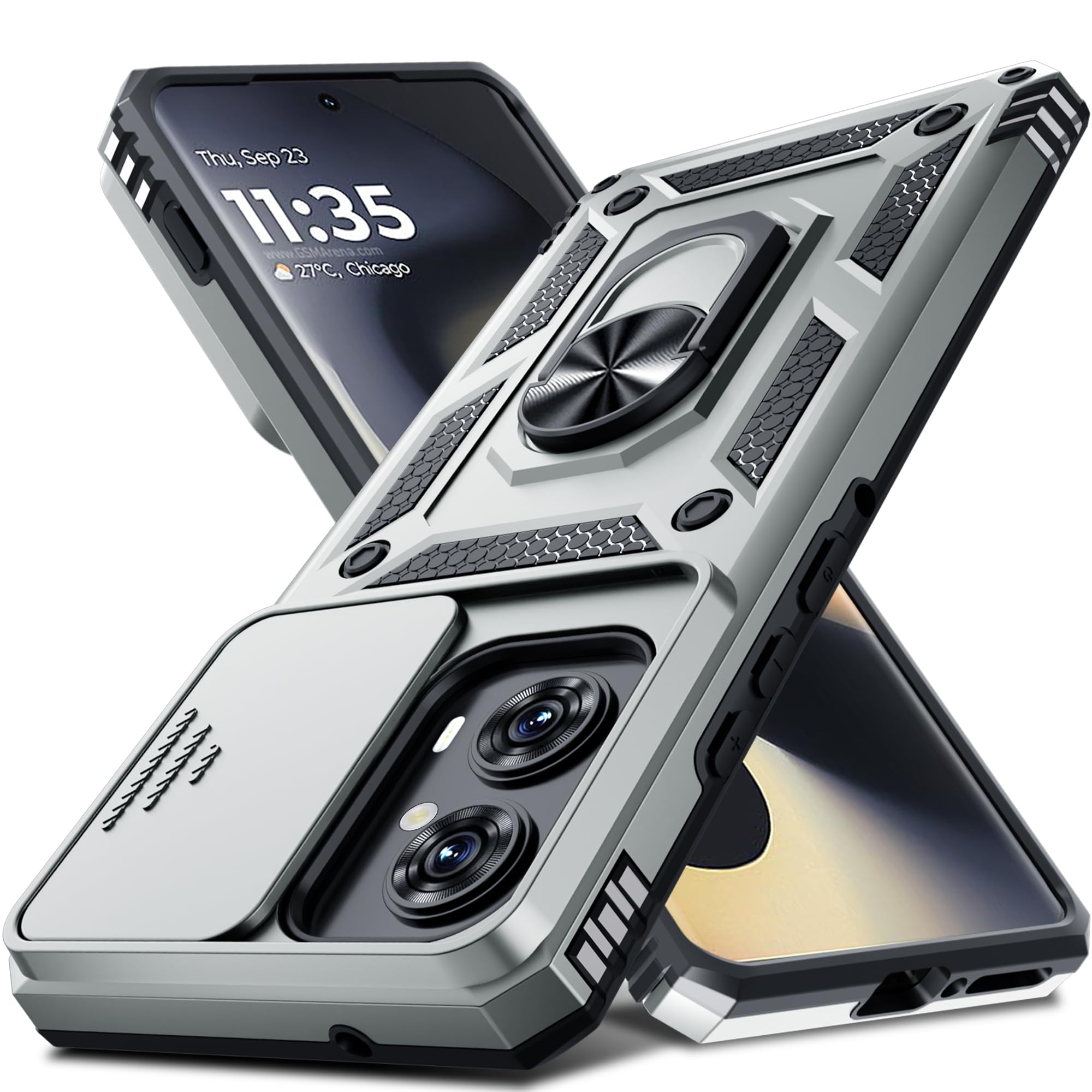 Janmitta Case Compatible with Moto Edge 2024 Built in Slide Camera Lens Cover+Finger Ring Holder Kickstand,Heavy Duty Shockproof Full Body Protective