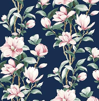 NextWall Magnolia Trail Floral Peel and Stick Wallpaper Navy & Blush