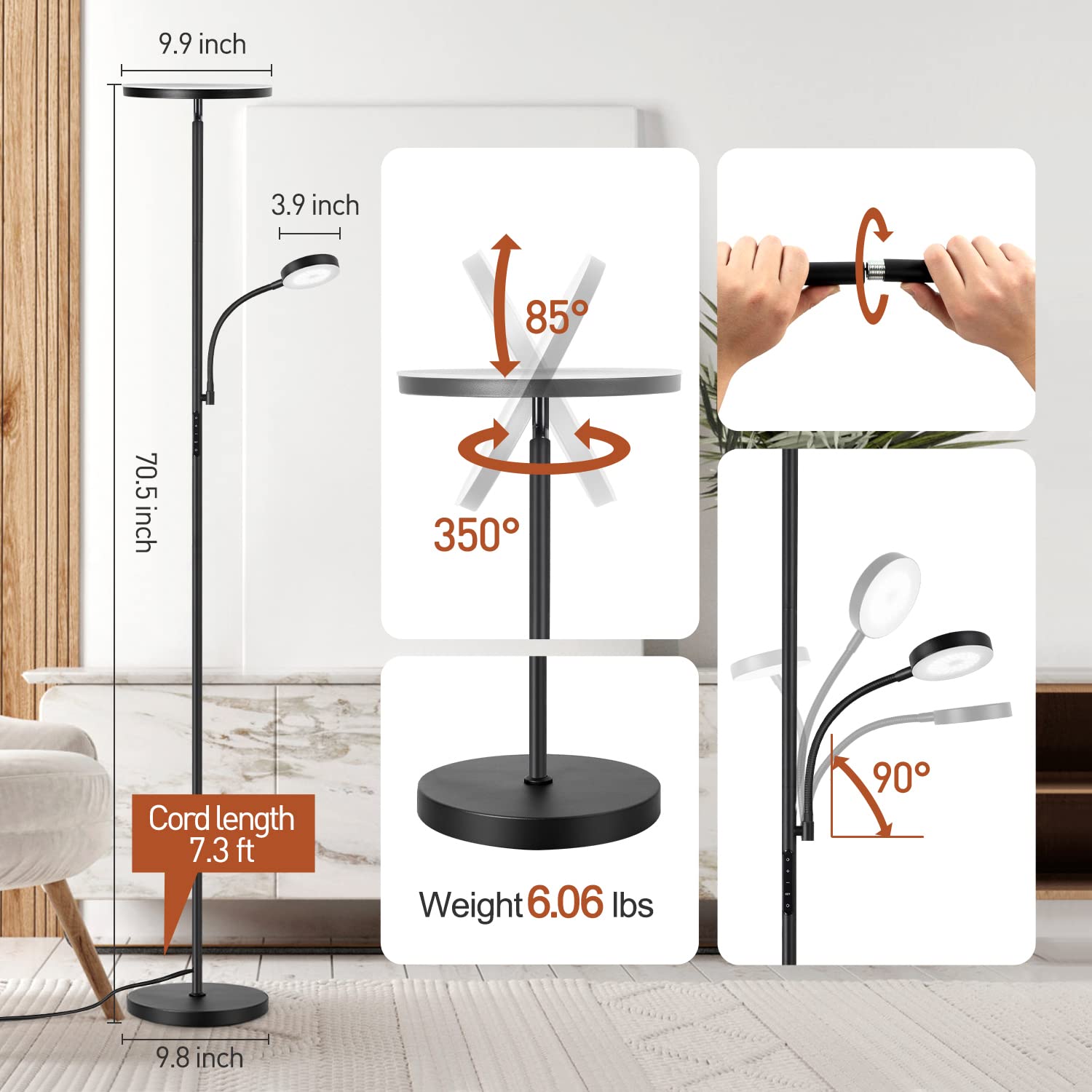 OUTON Lámpara de Pie LED, 34W, Regulable, con 6 Modos,3000-6000K con Control Remoto y Táctil y Temporizador de 1 Hora, de Salón de Lectura para Dormitorio, Oficina, Negro