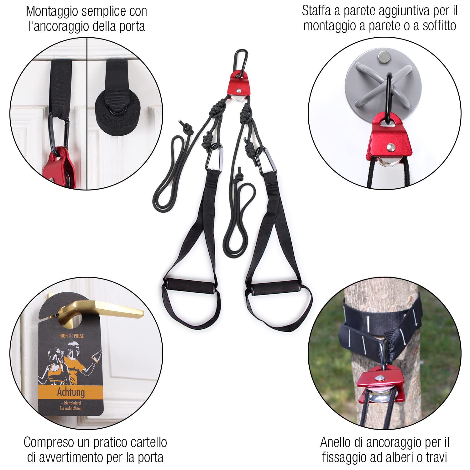 High Pulse Allenamento Sospensione (Set di 7 Accessori) – Suspension Training da casa inclusivo di carrucola, Ancoraggio Porta, Muro, Poster, Borsa, Fascia Fitness e Cartello Porta, TRX