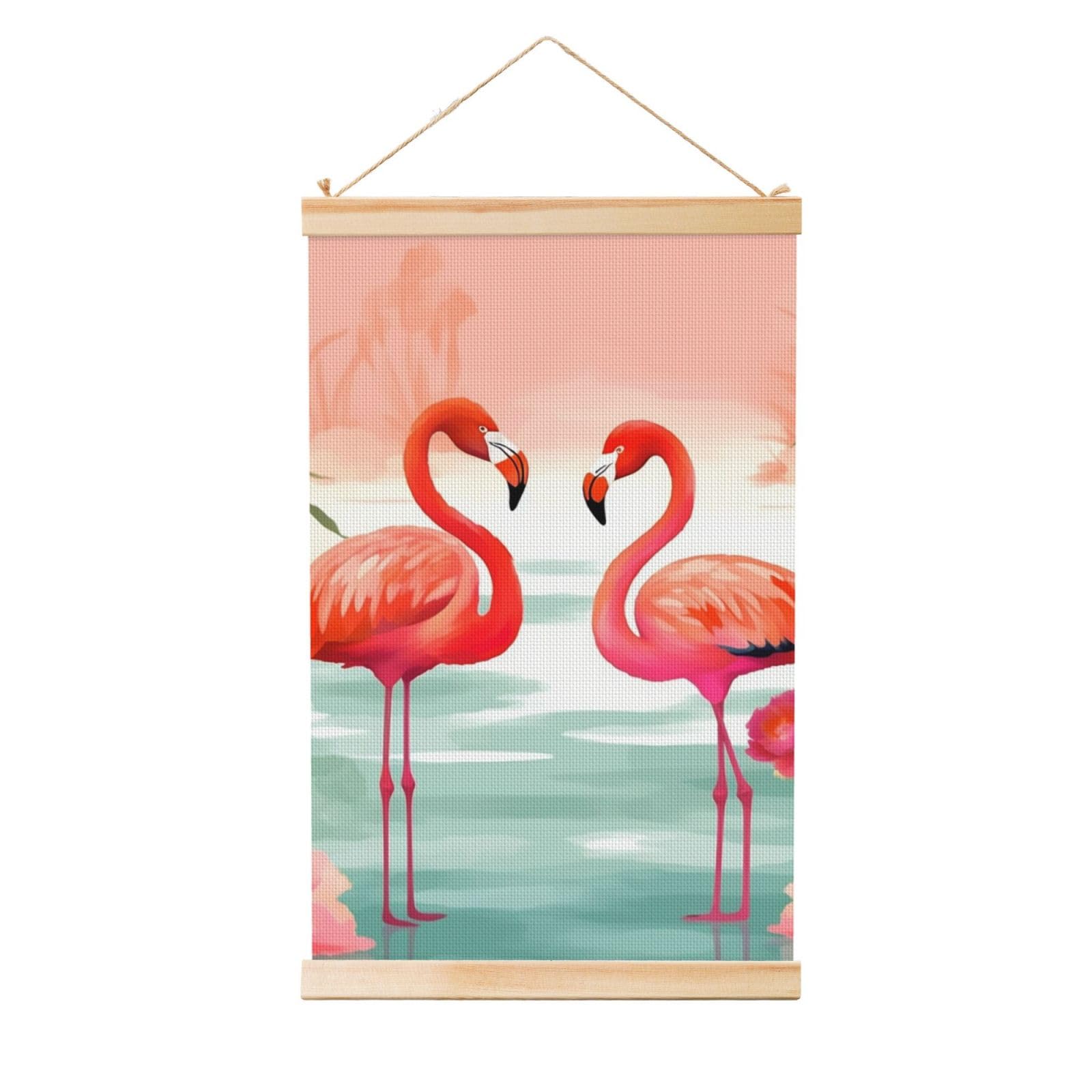 Two Red Flamingos Posters Wooden Shaft Hanging Poster Canvas Prints Scroll Wall Art Painting Vintage Wall Banner Modern Artwork Decor for Home Decor Ready to Hang 20"x30"