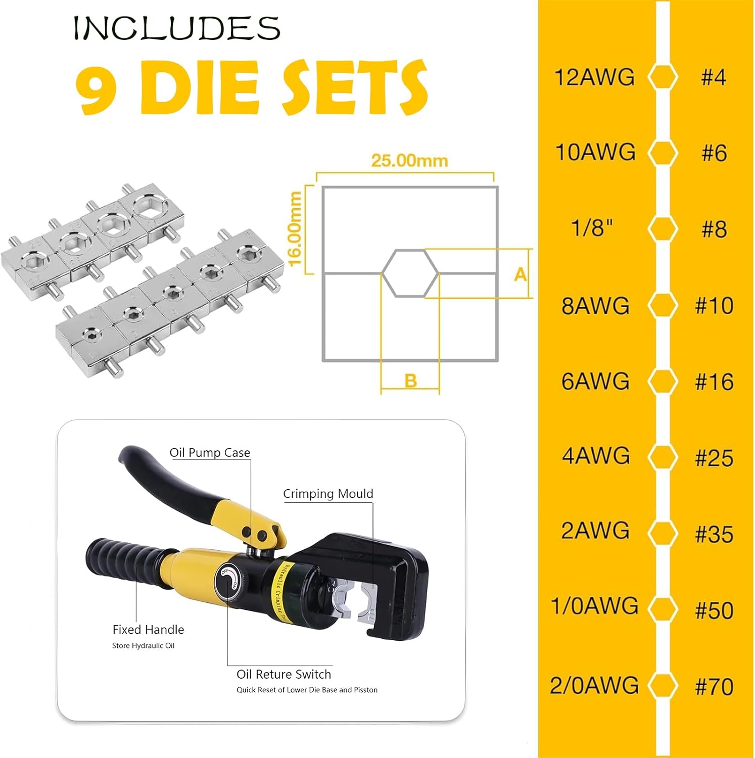 Hydraulic Crimping Tool,with Cable Cutter & 9 Dies,Dattery Terminal Cable Crimper tool for 12 to 2/0 AWG, With Mini Heat Gun and Heat Shrink Tubing