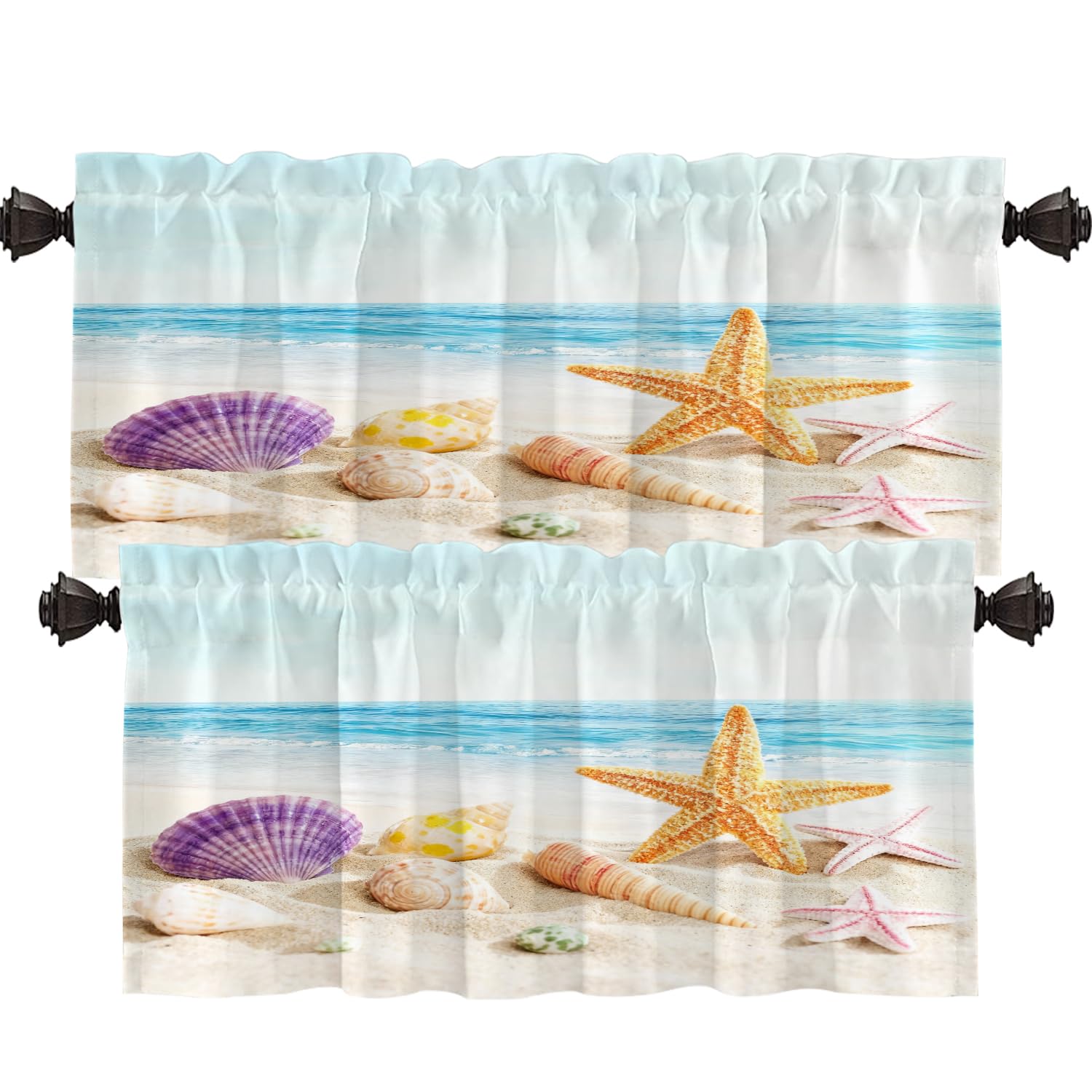 Shrahala Blue Nature Sea Kitchen Valances, Hawaiian Starfish Half Window Curtain Window Treatment Multilayer Polyester Blackout for Living Room