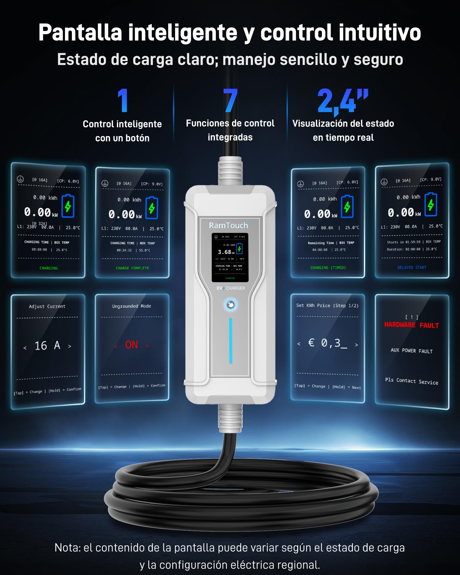 Cargador Coche Eléctrico (3,7 kW, 16 A, 7,5 m, Schuko a Tipo 2) | Monofásico | IP67 | 6–16 A | Timer + inicio diferido | LCD 2,4" | RCD CA/CC | Cable Modo 2 / wallbox móvil | para VE y PHEV