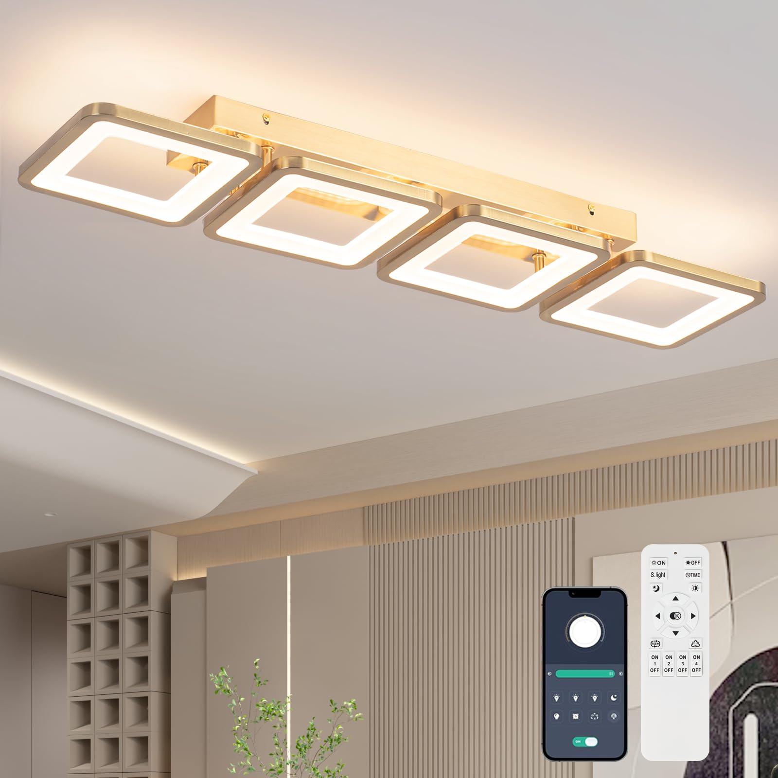 Vloitgol Modern Ceiling Light LED, 69cm Gold LED Dimmable Ceiling Lights Fixtures with Remote Control, 4-Square Gold Lamp for Dining Room Bedroom Office Kitchen Living Room Light - 52W