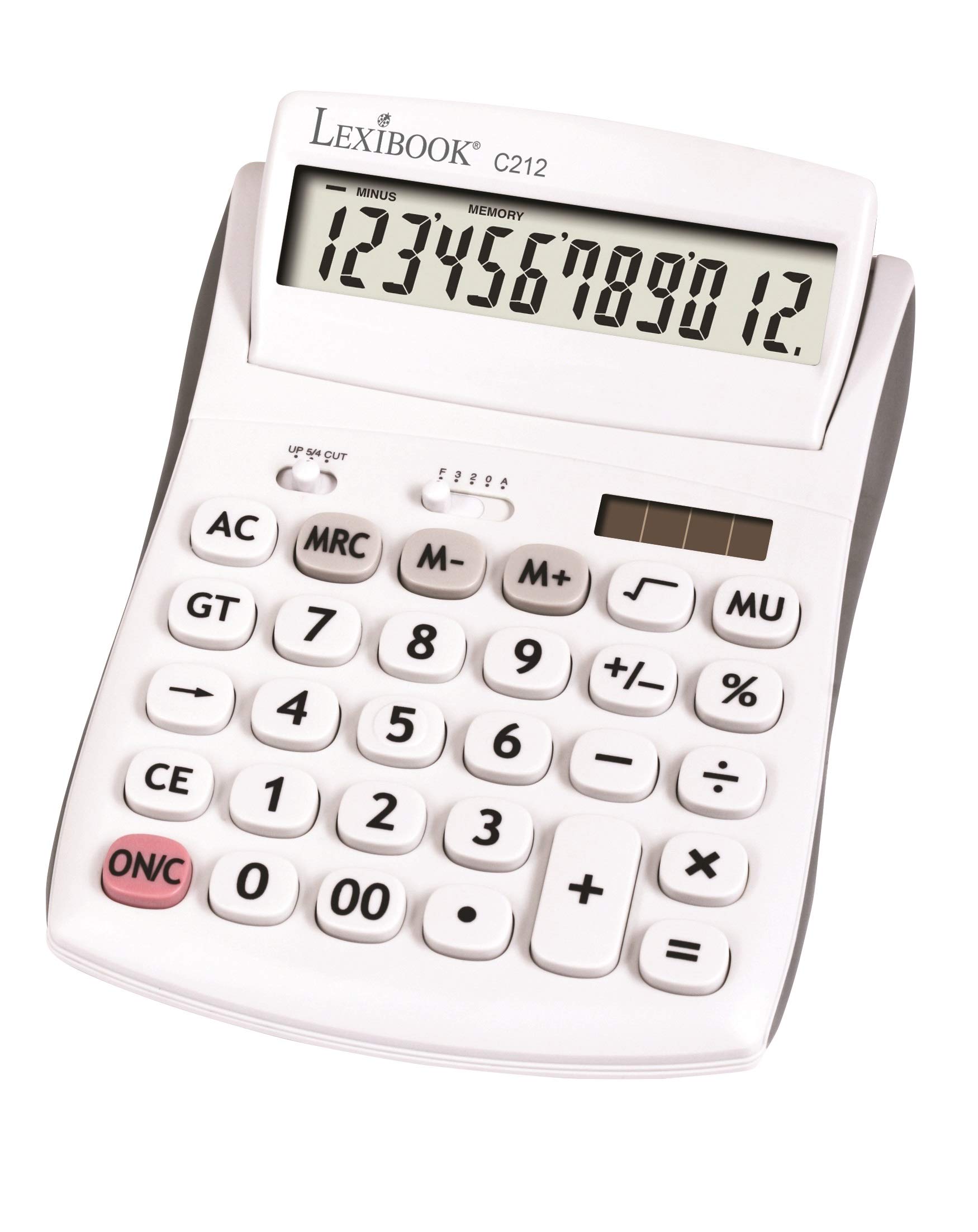 Lexibook, Calculadora de sobremesa de 12 dígitos con Pantalla abatible, Funciones básicas y de Memoria, Teclas Grandes y Pantalla para Oficina, Escuela, hogar, Solar y Pilas, Blanco/Gris, C212