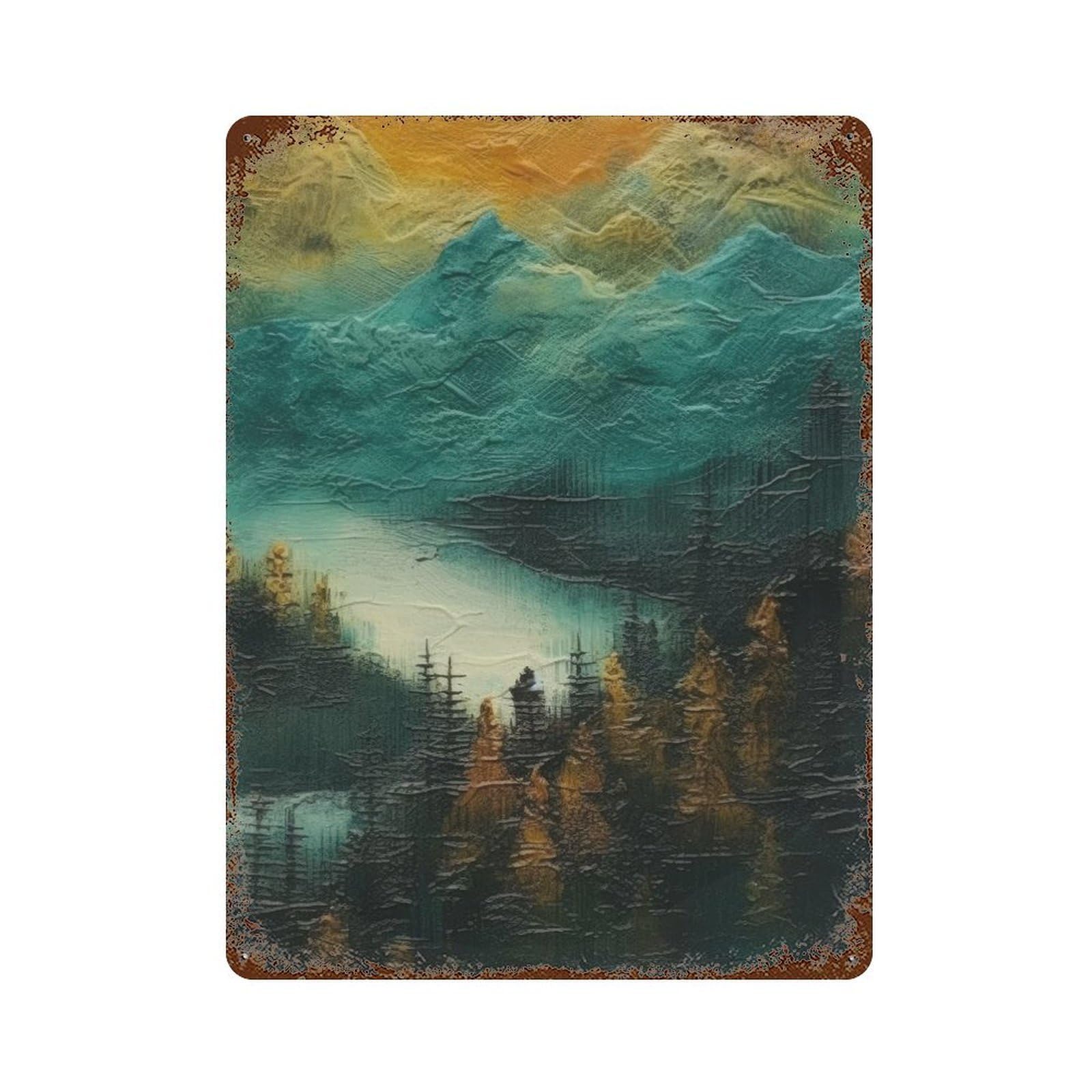 Blue Mountain Landscape Weathered Tin Sign 15.7"x11.8", Novelty Wall Decor for Garage, Pub Or Kitchen