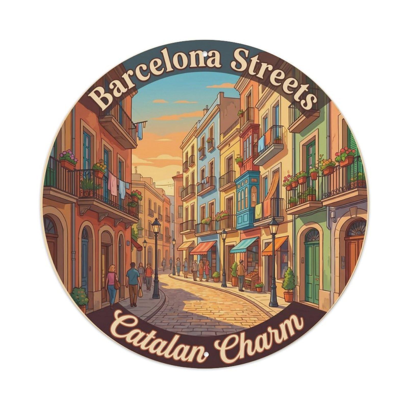 Vintage Travel Barcelona Street Catalan Nostalgic Metal Tin Sign Plaque Wall Decor for Cafe, Club, Garden Round Metal Poster 8x8Inch
