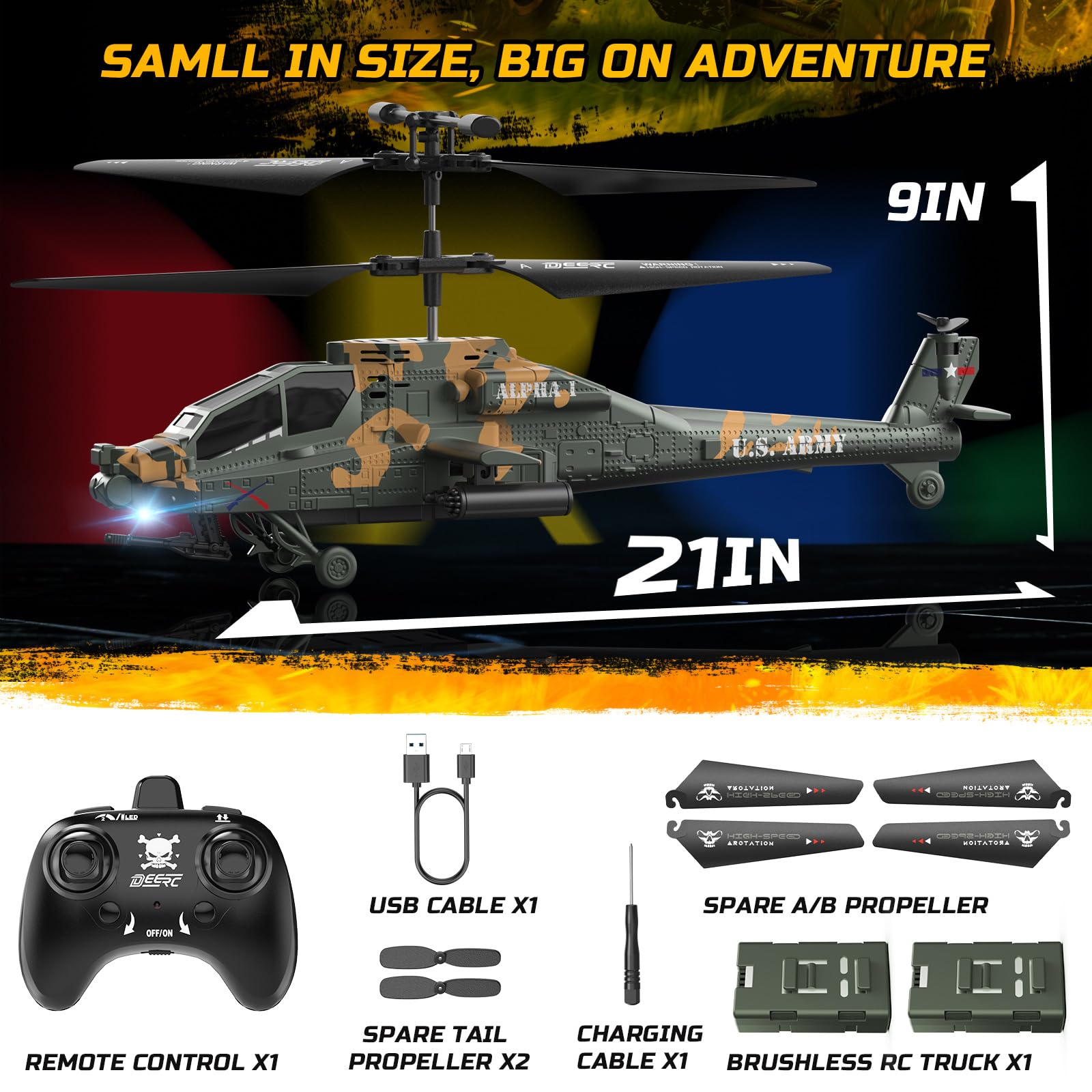 DEERC Helicóptero RC para Adultos y niños, helicóptero Militar Control Remoto 2.4 GHz, 2 baterías, 26 Minutos de Vuelo, Luces LED, retención altitud, despegue con una Sola tecla, Apto para Interiores