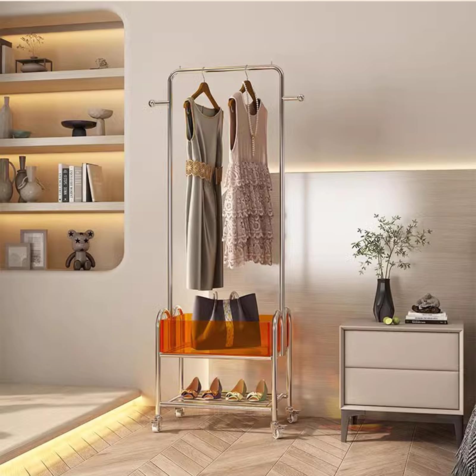 Garderobenständer Silberner Edelstahl Kleiderständer Auf Rädern, Moderner Kleiderablage Mit Aufbewahrungsboxen Aus Acryl Und 2 Haken, Freistehender Garderobe Fürs Schlafzimmer, 55(Color:Silber+Orange)
