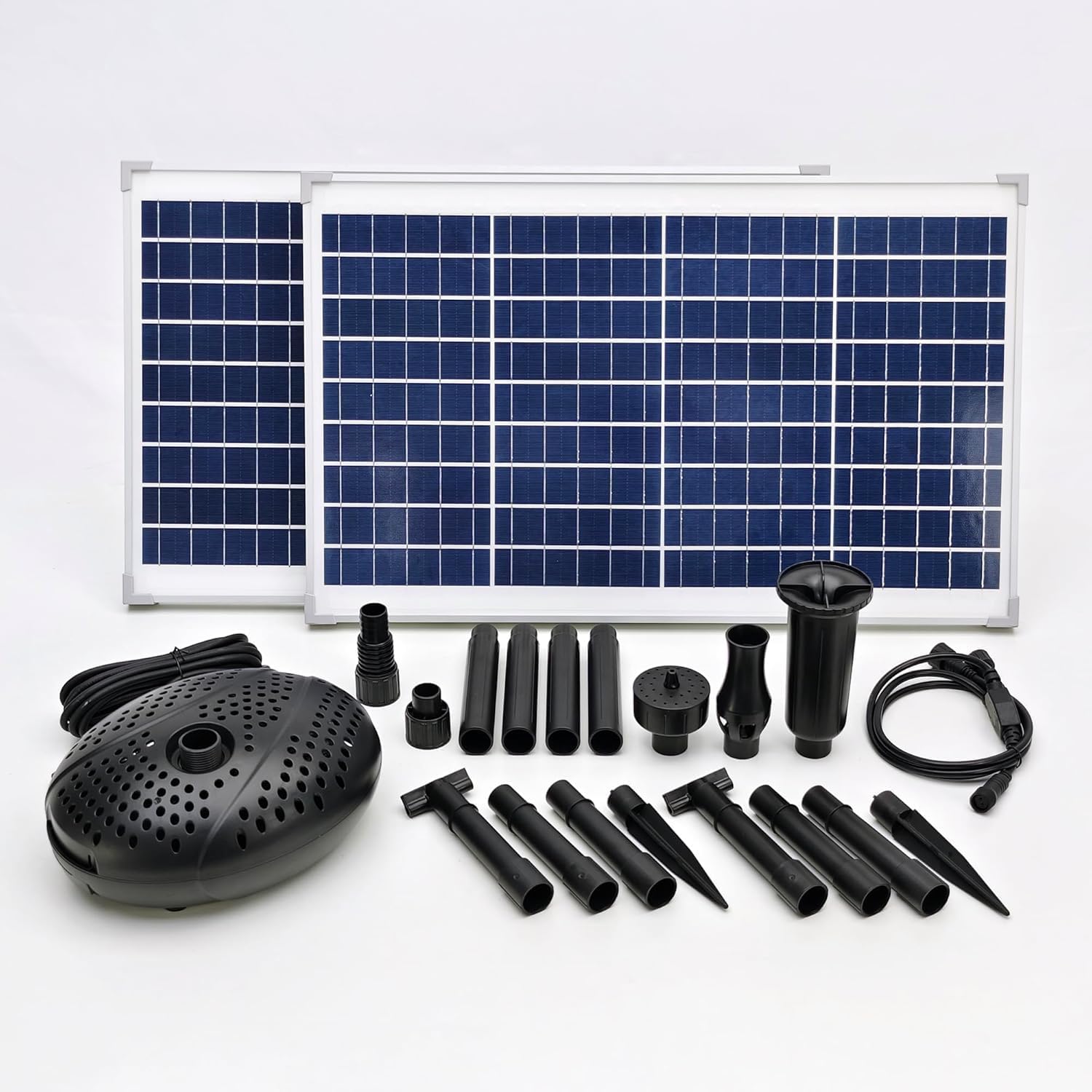 Powerful Twin Panel Solar Powered Fountain Pump Kit. NO Battery Included Requires Sun to Run. Complete kit with Three Fountain Patterns Included. USA Based Support (100 W)