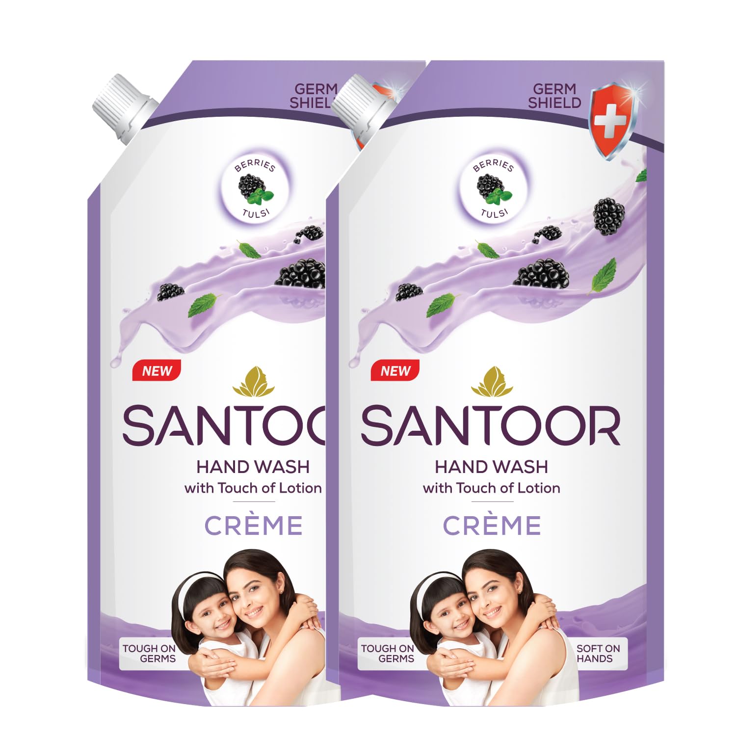 Santoor Crème Handwash 650ml,Touch of Lotion| Made with Berries & Tulsi| Rich Lathering Formula with Anti-Bacterial Properties| Soft on Hands| Soothes & Hydrates Skin