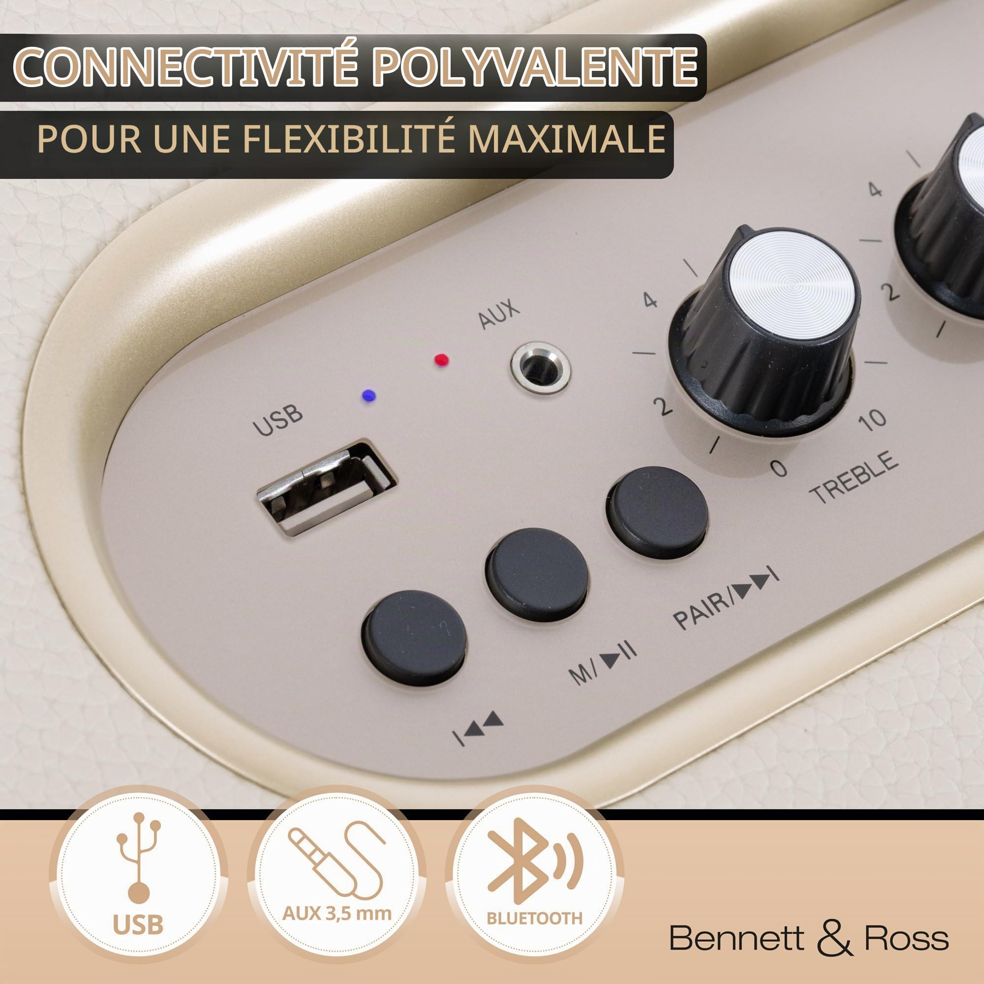 Bennett & Ross BB-880CW Blackmore Giant Haut-Parleur Bluetooth rétro en Cuir - Haut-Parleur Vintage avec 2X 40W - Speaker Entrée USB & Lecteur MP3 - Fonction stéréo True Wireless - aux - Blanc crème
