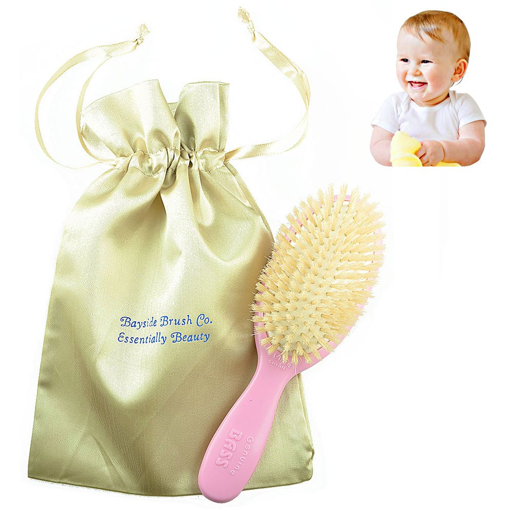 Bass Baby BS27 - Cepillo para el pelo, cerdas naturales 100 % puras y suaves, color blanco y dorado, bolsa de viaje para recién nacidos, bebés y niños pequeños con cabello fino, desenreda, masajea y