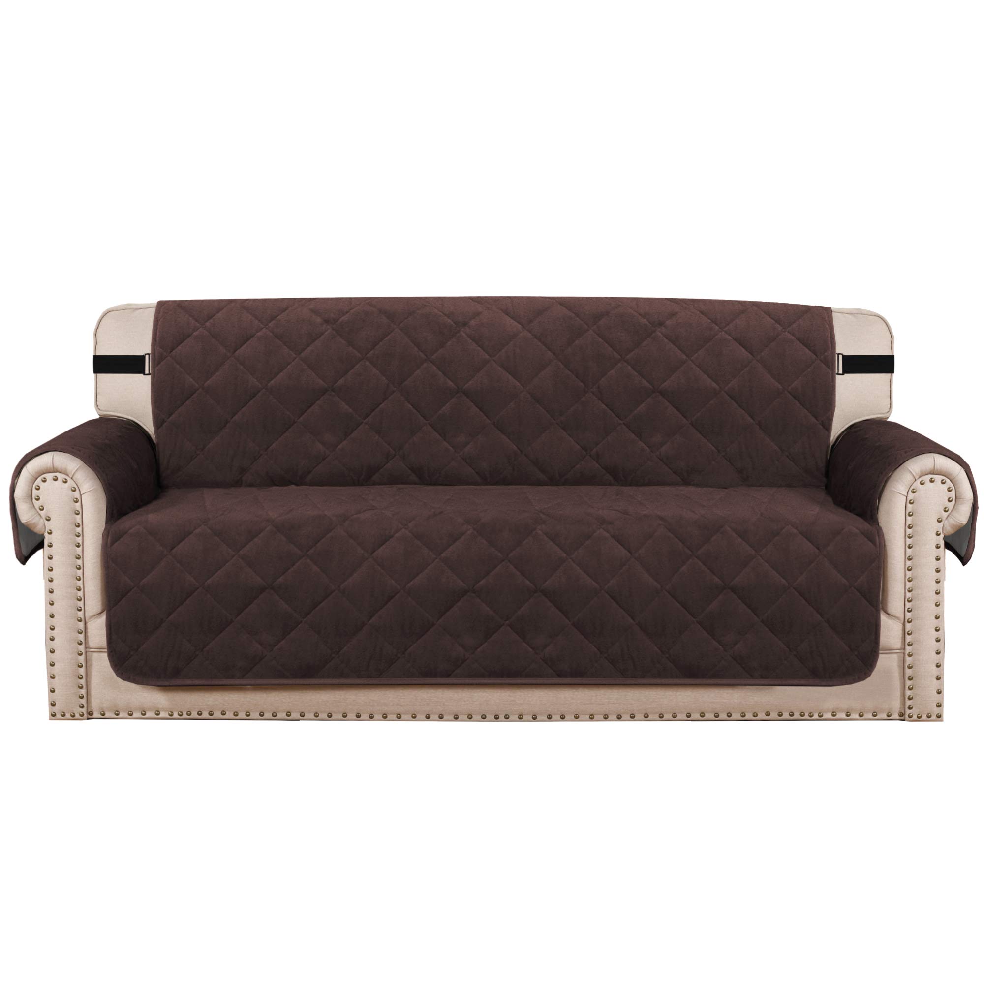 BellaHills Thick Velvet Sofa Covers Plush Couch Cover for 3 Cushion Sofa Slipcover Protector from Pets Dogs with Non Slip Backing and Wider Elastic Strap (3 Seater, Brown)