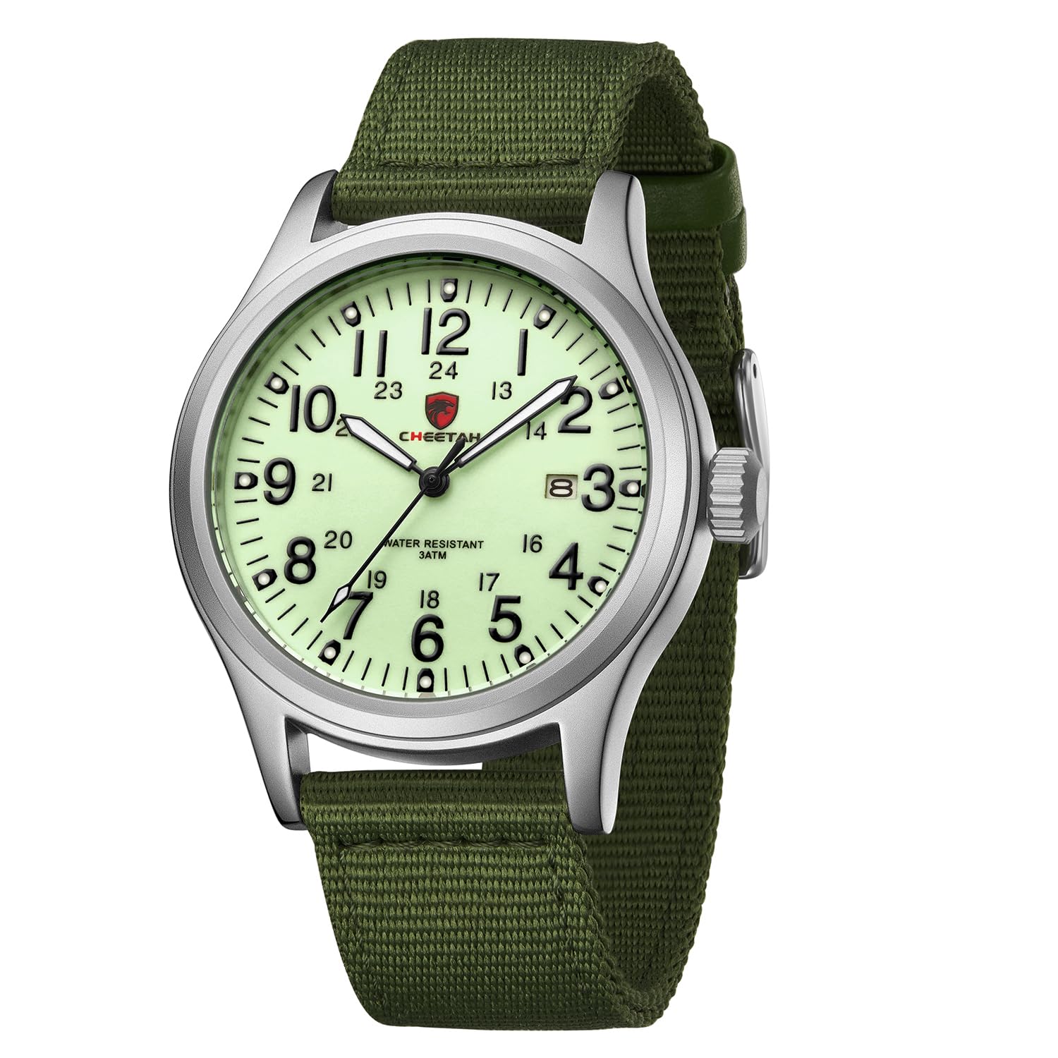 CHEETAH Men’s Military Watch Easy to Read with Nylon Strap, Luminous Hands Full Numerals Dial Silver/Yellow/Green