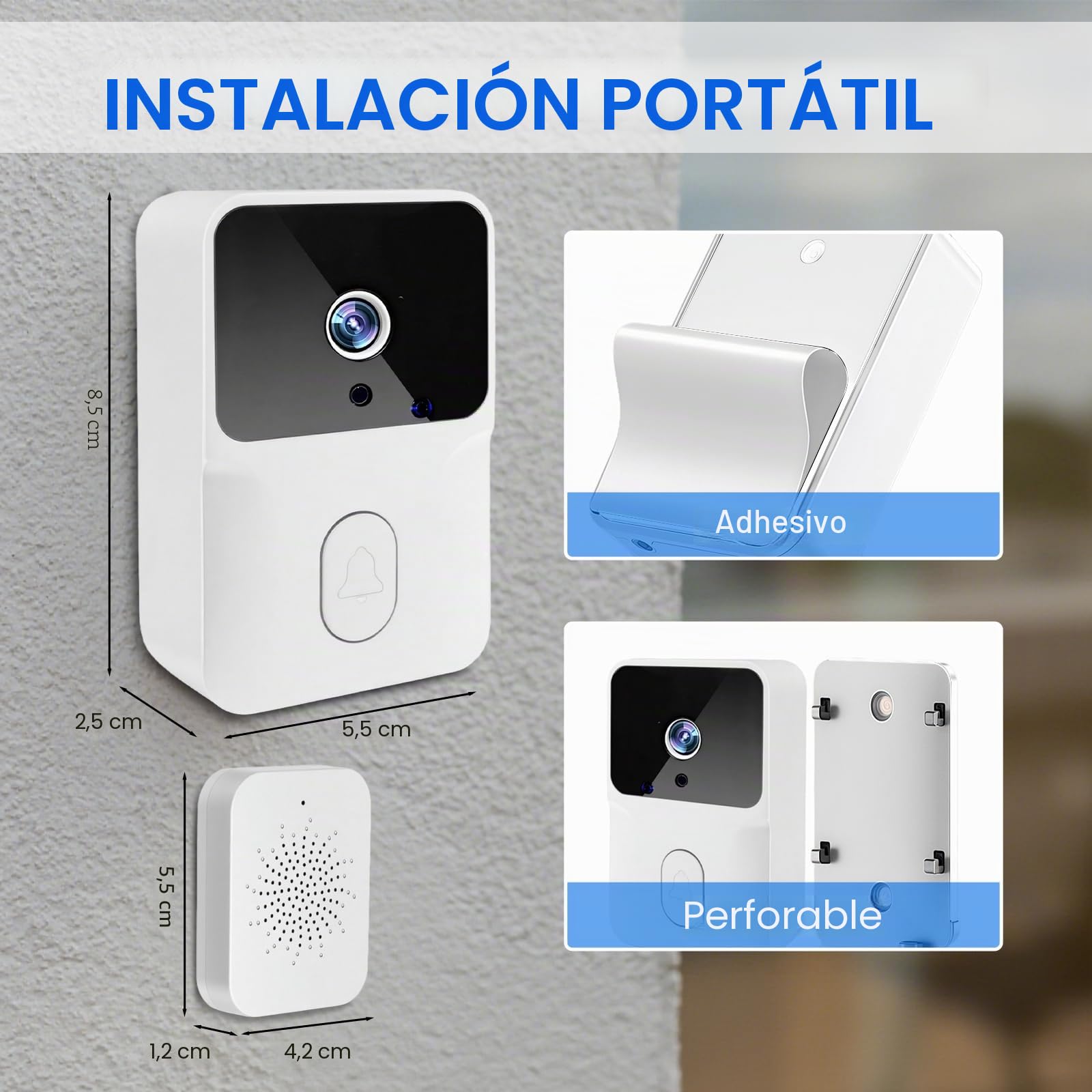 Videotimbre, Timbre Inalámbrico con 2.4GHz WiFi, 1080p HD Vídeo Timbre Puerta Inteligente con Cámara, Visión Nocturna, Audio bidireccional, Instalación Fácil por Cuenta Propia (Blanco)