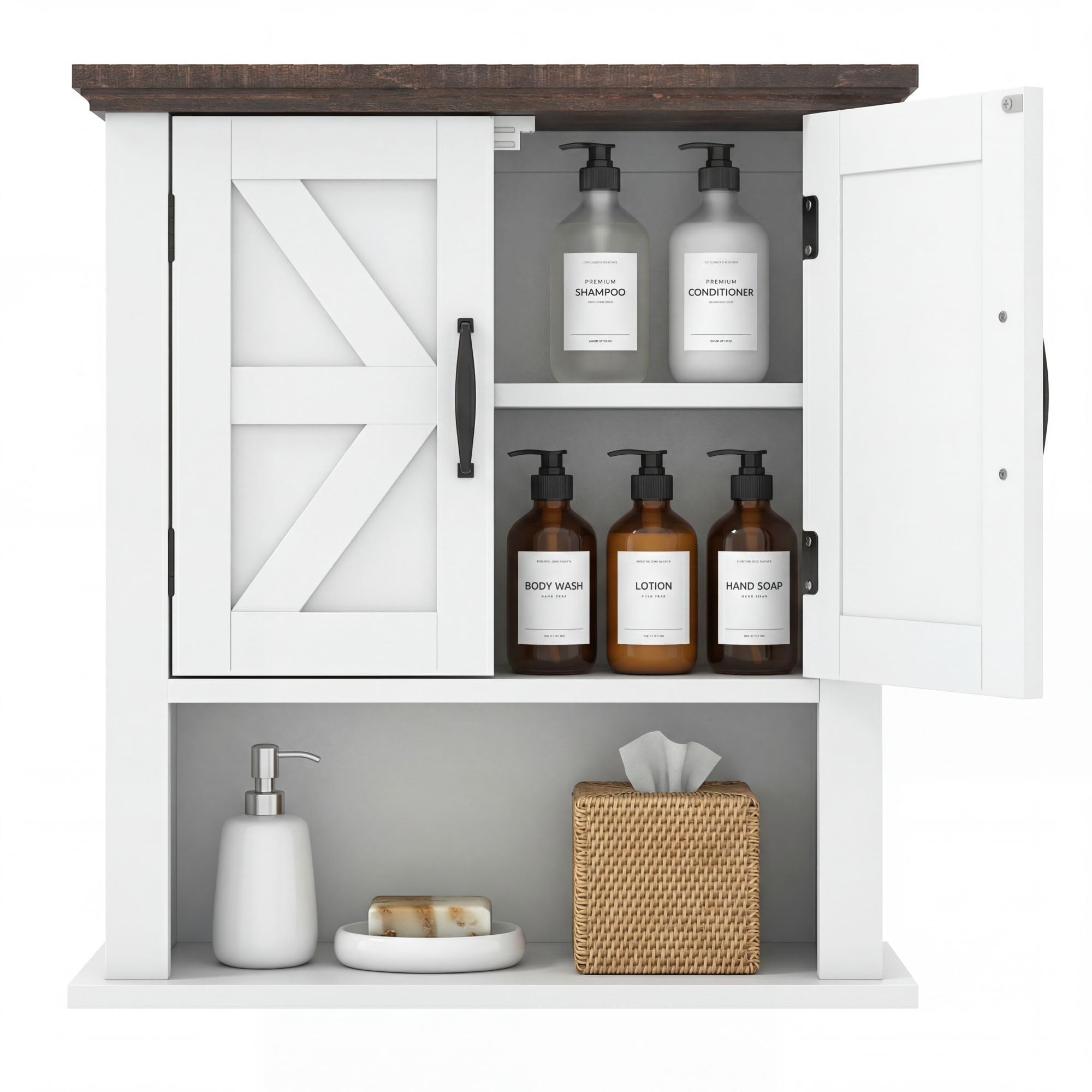 GIANTEX Armario de Pared para Baño, Mueble Colgante con 2 Puertas y 1 Compartimento Abierto, Estilo Granero, Estante Ajustable, 55x19x60cm, Organizador para Cocina, Entrada, Lavandería (Blanco)