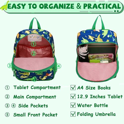 Miniatura 5 de Kasqo Mochila para niños pequeños, mochila escolar preescolar para niños y niñas de 3 a 6 años, Dinosaurio azul, Mochilas de mochila