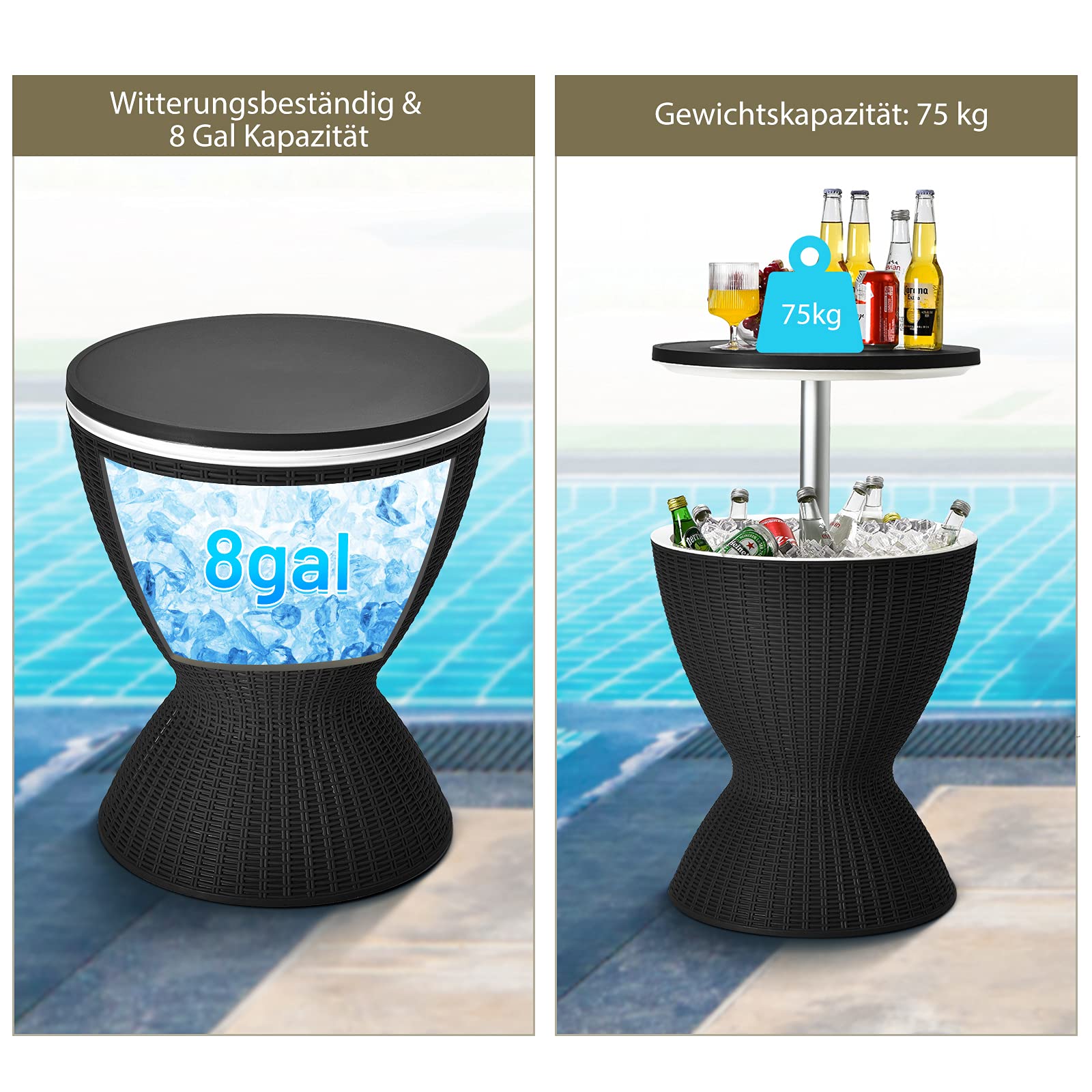 GOPLUS 3 in 1 Cool Bar, höhenverstellbarer Outdoor Beistelltisch & Kühltisch, 30L Getränkekühler mit Abflussloch, Kühlbox wetterfest in Rattanoptik für Bier & Wein, für Garten, Pool & Party, Schwarz