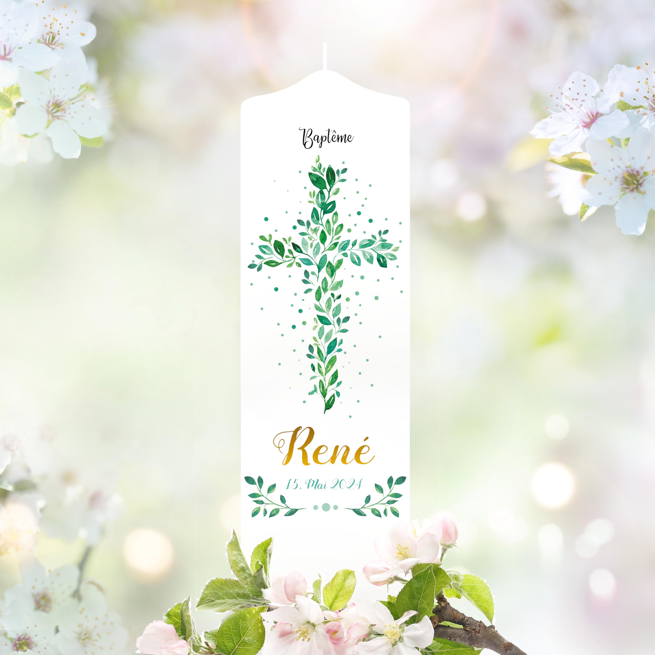 Bougie Baptême personnalisée Fille Garçon motif Croix florale verte – 1 cierge de baptême + 2 bougies parrain/marraine – 25 x 7 cm