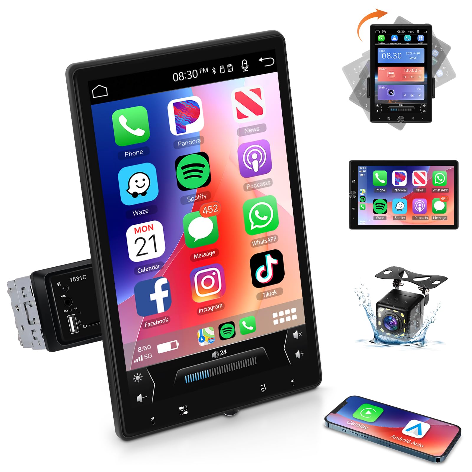 VECHTEL Autoradio 1 Din avec Carplay Android Auto Câblé, Écran Tactile Rotatif Manuel de 10.4 Pouces Autoradio Bluetooth, Radio FM, Mirror Link, 2 USB, Caméra de Recul