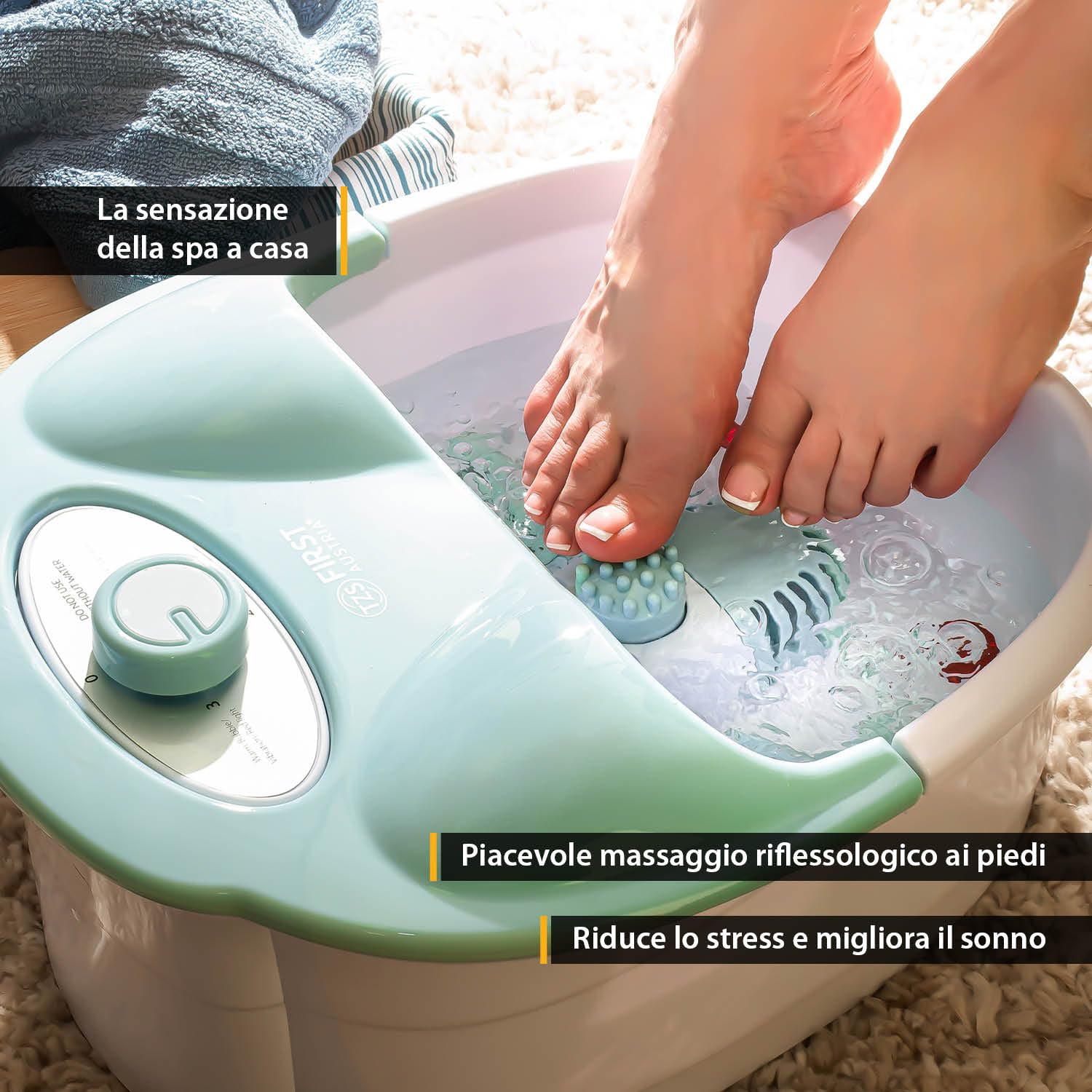 TZS First Austria - Pediluvio Massaggiatore - 80W - Luce Rossa & Funzione Mantenimento Calore - Fino al Numero 43 - Idromassaggio Plantare con 3 Accessori & Box Aroma - Maniglia Pieghevole - Turchese
