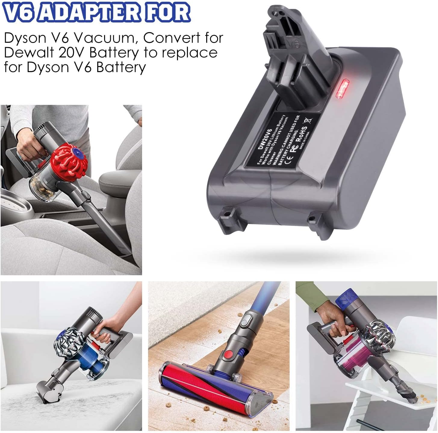 DW20V6 Adapter - Compatible with Dyson V6 Series Vacuum Cleaners and for DeWalt 20V Lithium Battery