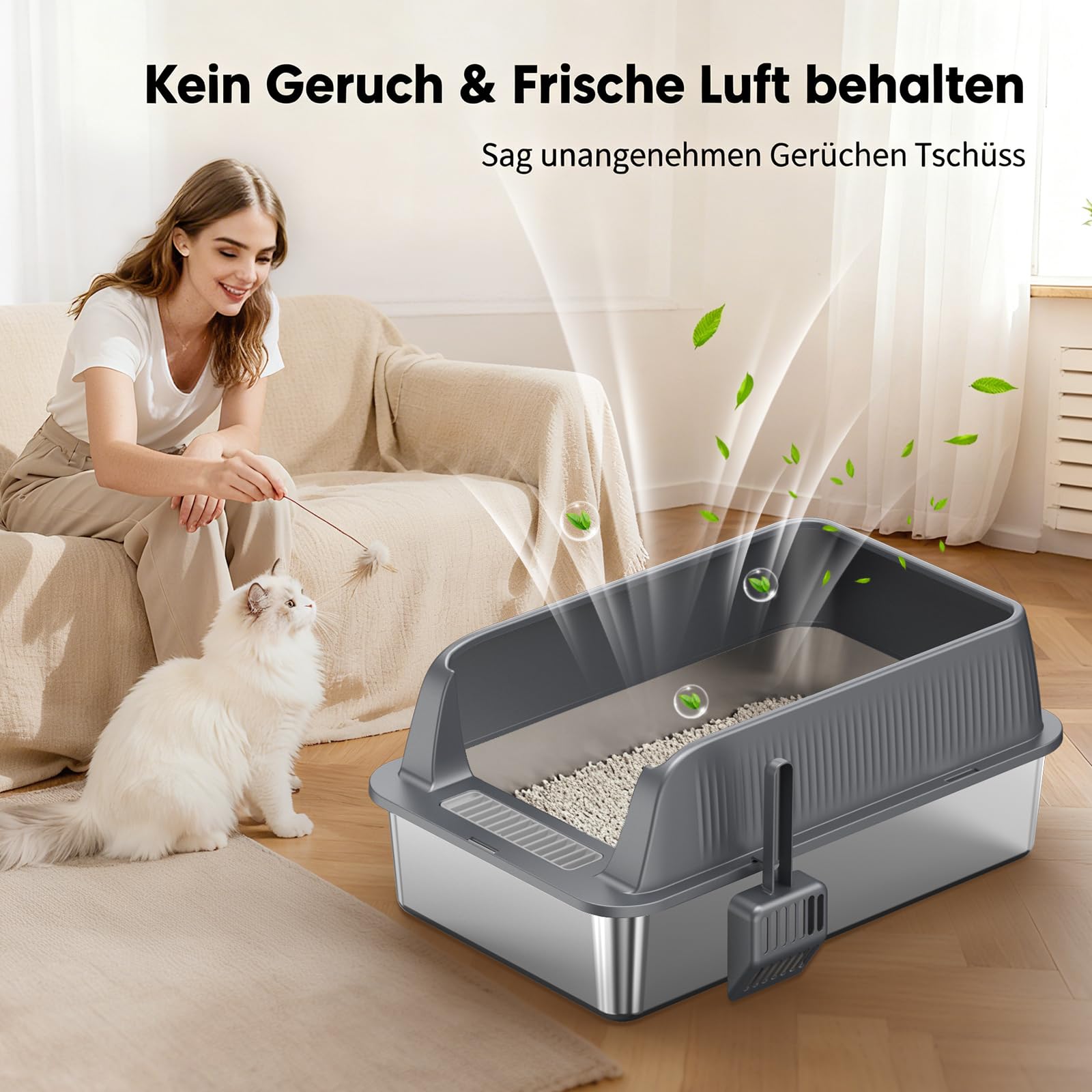 Edelstahl Offene Katzentoilette – extra große Katzentoilette mit hohen Seitenwänden für große Katzen, herausnehmbare Tiefe Wanne, inkl. Schaufel & Einstiegshilfe, Dunkelgrau, 2 Stück
