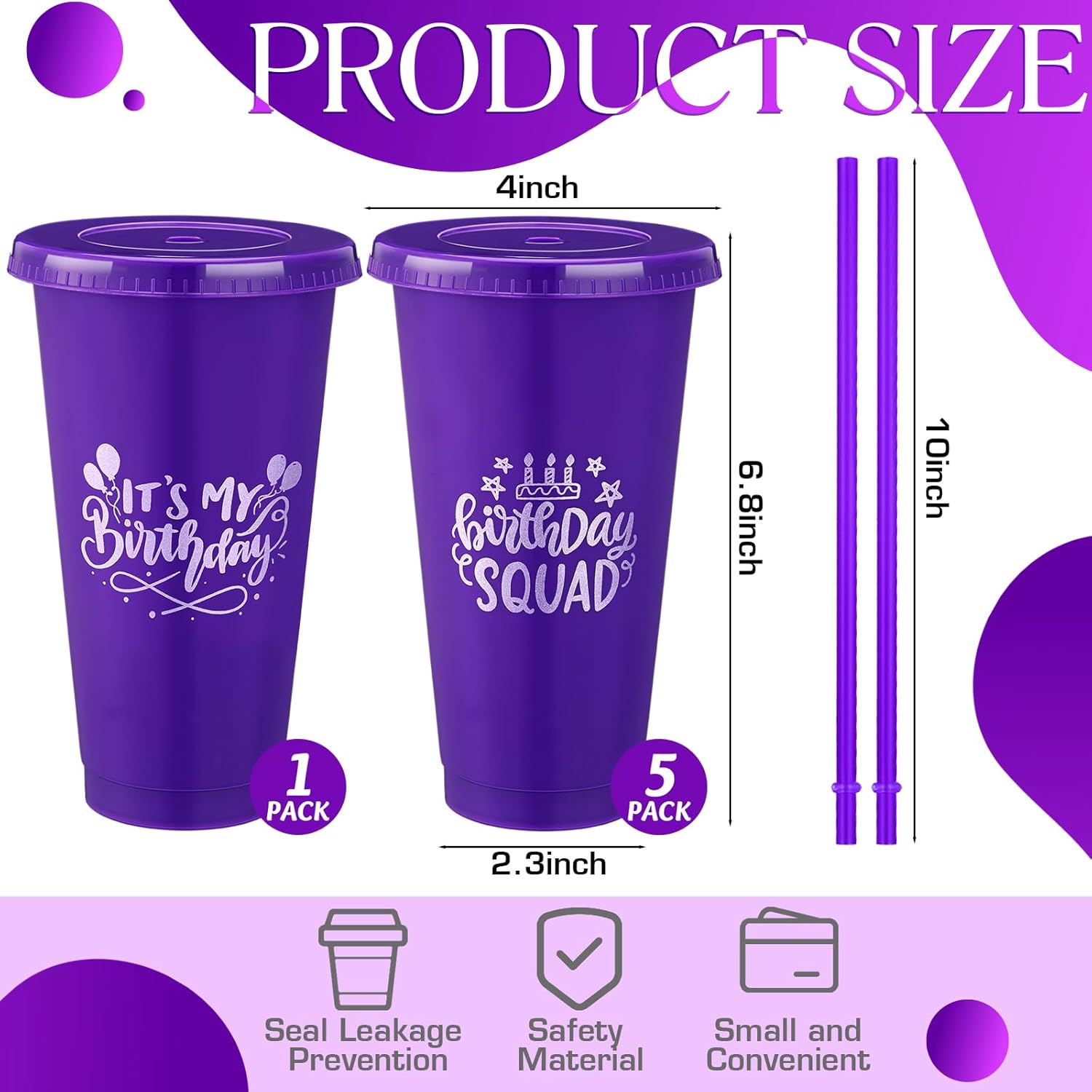 Birthday Party Tumblers 24 oz Squad Plastic Tumblers with Lid and Straw for 20th 30th 40th 50th 60th Birthday Decorations Favor for Women Adults(Purple, Silver Words,6 Pcs) - Image 2