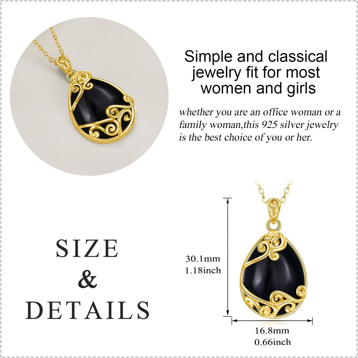 YAFEINI Black Onyx Necklace for Women Sterling Silver 18K Yellow Gold Plated Black Filigree Boho Teardrop Pendant Necklace Jewelry Gifts for Girls - Image 5
