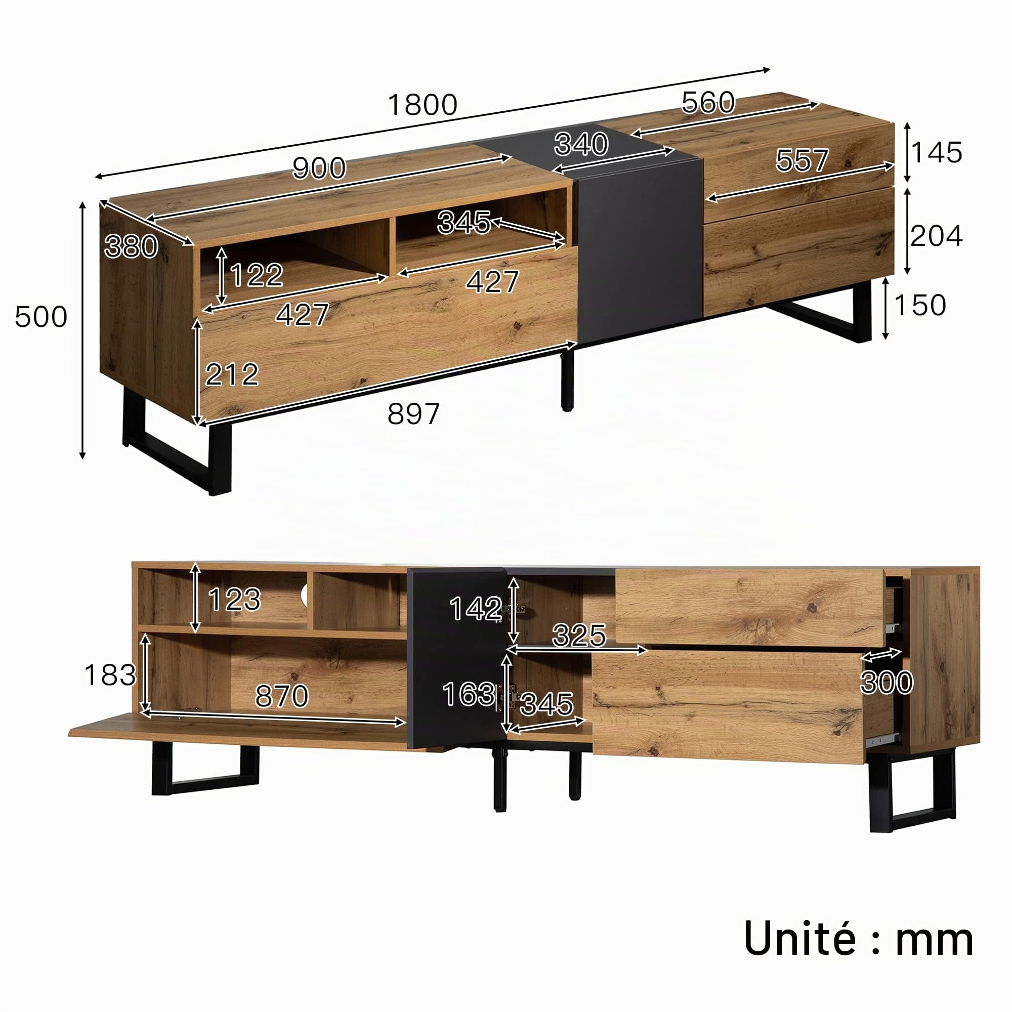 Meuble TV 180 cm Bois et Noir, Table Télévision Salon Rangement Portes Coulissantes sans Poignée, 5 compartimentset 2 tiroirs, Pieds Métal, Lowboard pour Téléviseur jusqu'à 50 kg (180x38x50)