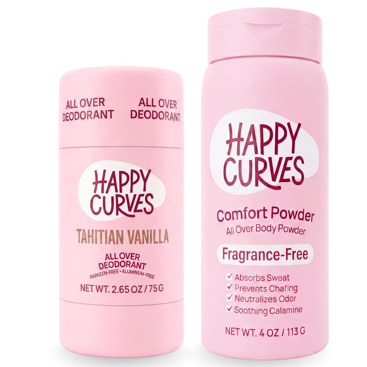 HAPPY CURVES Aluminum-Free Deodorant (Tahitian Vanilla) & Talc-Free Anti-Chafe Comfort Powder (Fragrance-Free) Bundle - Odor & Chafe Defense for Women