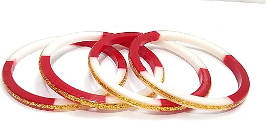 Trending Bengali Shakha Pola Bangles, Red and White with Gold Accents, Laminated Acrylic Bangle Set for Women