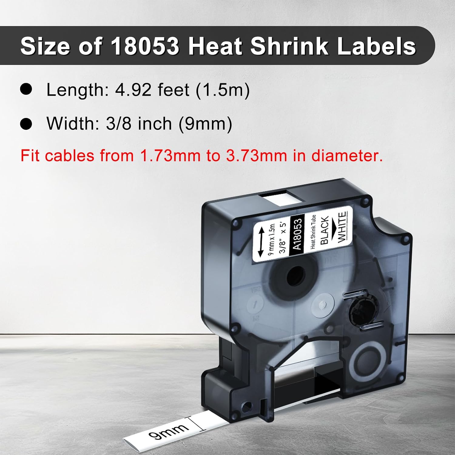 8 Pack Compatible for Dymo Rhino 18053 Black on White 3/8" x 4.9' Industrial Heat Shrink Tube Labels for Rhino 1000 3000 4200 5000 5200 6000 3M Label Maker
