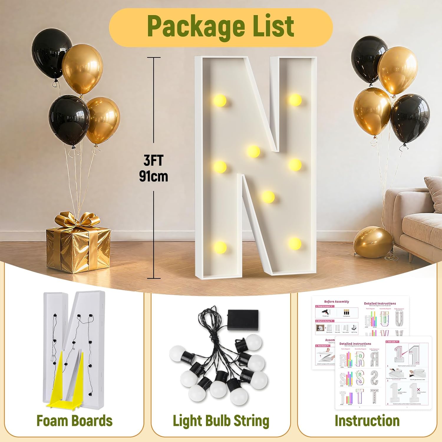 Mixifox 3FT Marquee Letters N, Large Light Up Letters 3 Feet Tall with Lights, Big Letter for Wedding, Engagement, Graduation, Birthday Party Decorations, Pre-Cut Foam Board Kit