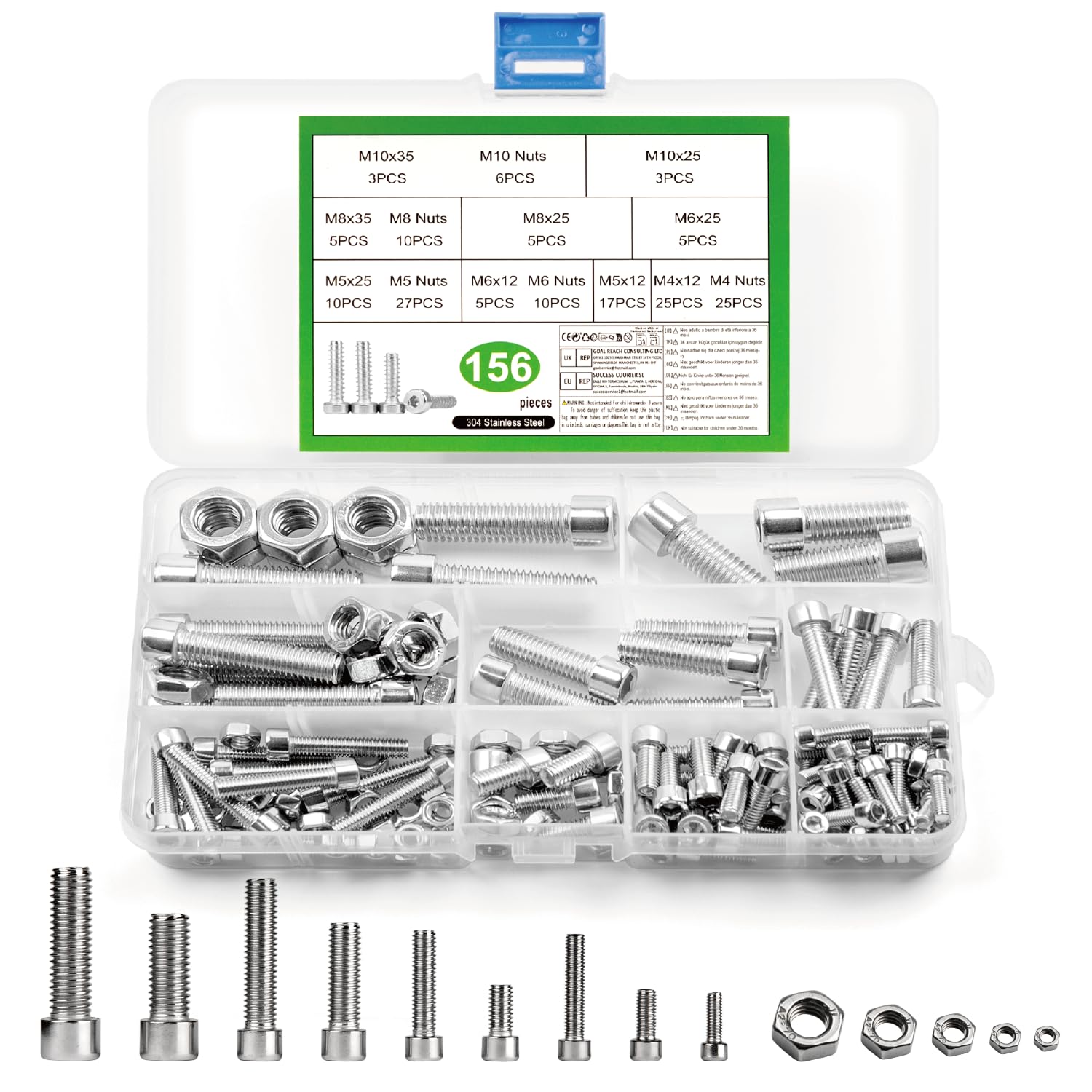 156 Pcs Assorted Nuts and Bolts Assortment, M4 M5 M6 M8 M10 Hex Socket Head Cap Screws Set