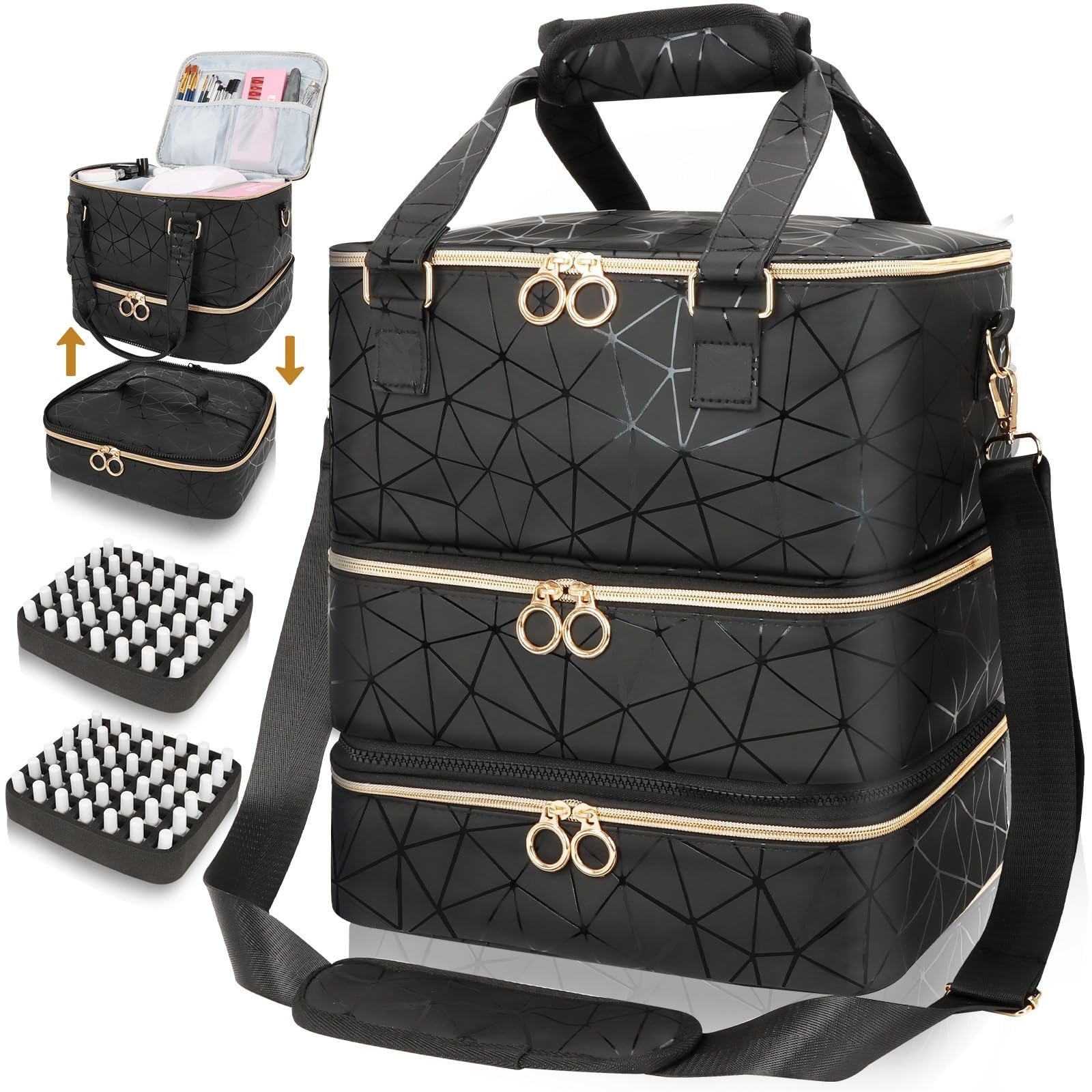 Grande borsa organizer per smalti, contiene 84 flaconi (15 ml/0,5 fl.oz) e lampada per unghie, custodia per il trasporto di smalti, kit per unghie strumenti per manicure (Nero)