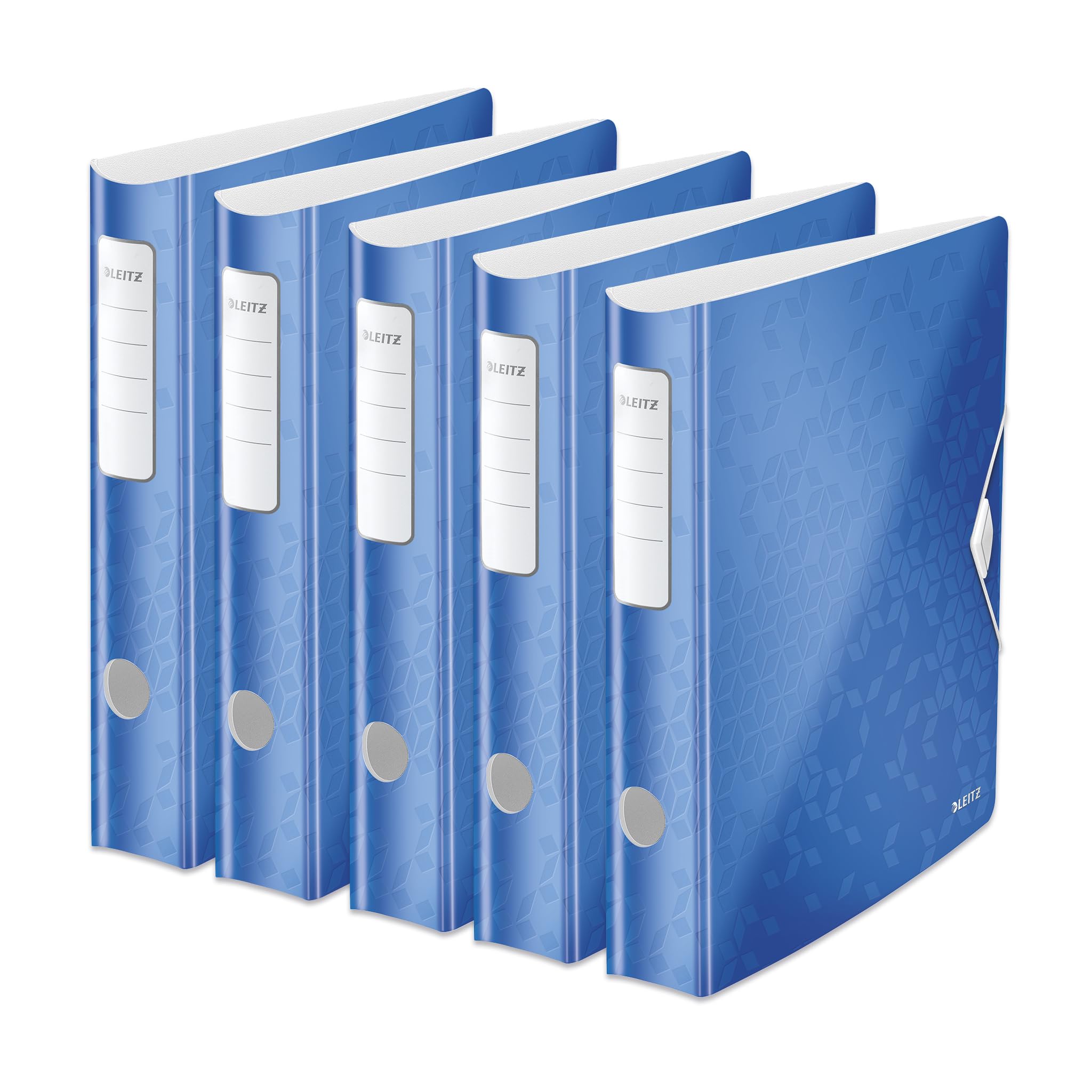 Leitz Qualitäts-Ordner 180° Active WOW, 5er Pack, A4, Schmal, Abgerundeter Rücken, 6,5 cm breit, Gummibandverschluss, Leichtes Polyfoam, Plastik-Ordner, WOW Serie, Blau, 11070036