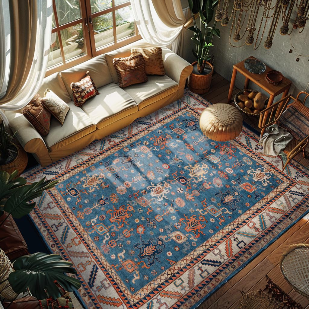 Teppich Wohnzimmer Schlafzimmer Esszimmer, Kurzflor, rutschfest Abstrakte Gartenblumen Im Ethno-Stil Blaugrau, 180 x 230 cm